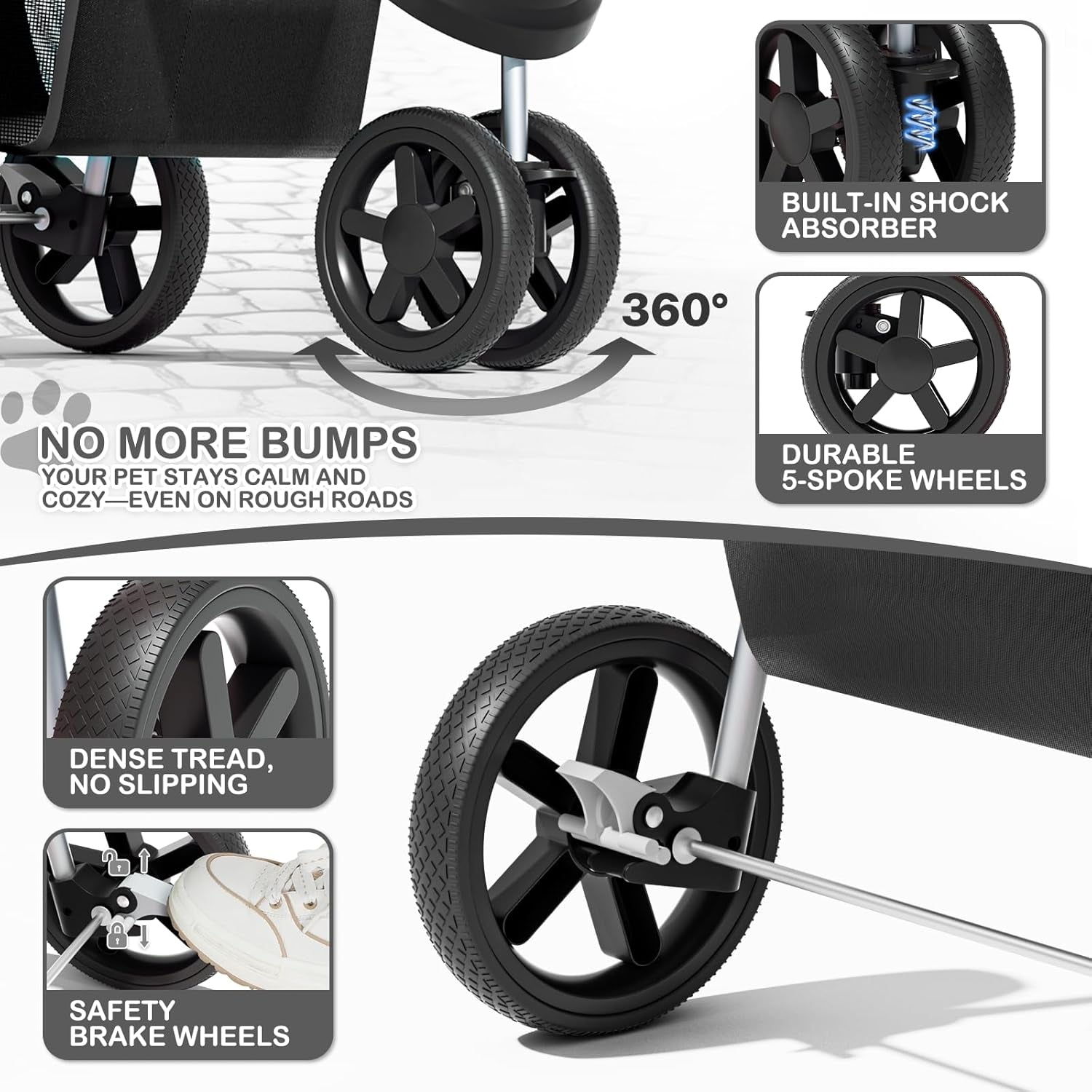 Foldable Pet Stroller with Weather Cover, 3 Wheels Pet Strolling Cart for Small/Medium Dogs and Cats with Storage Basket and Cup Holder, Breathable and Visible Mesh for All-Season, Black