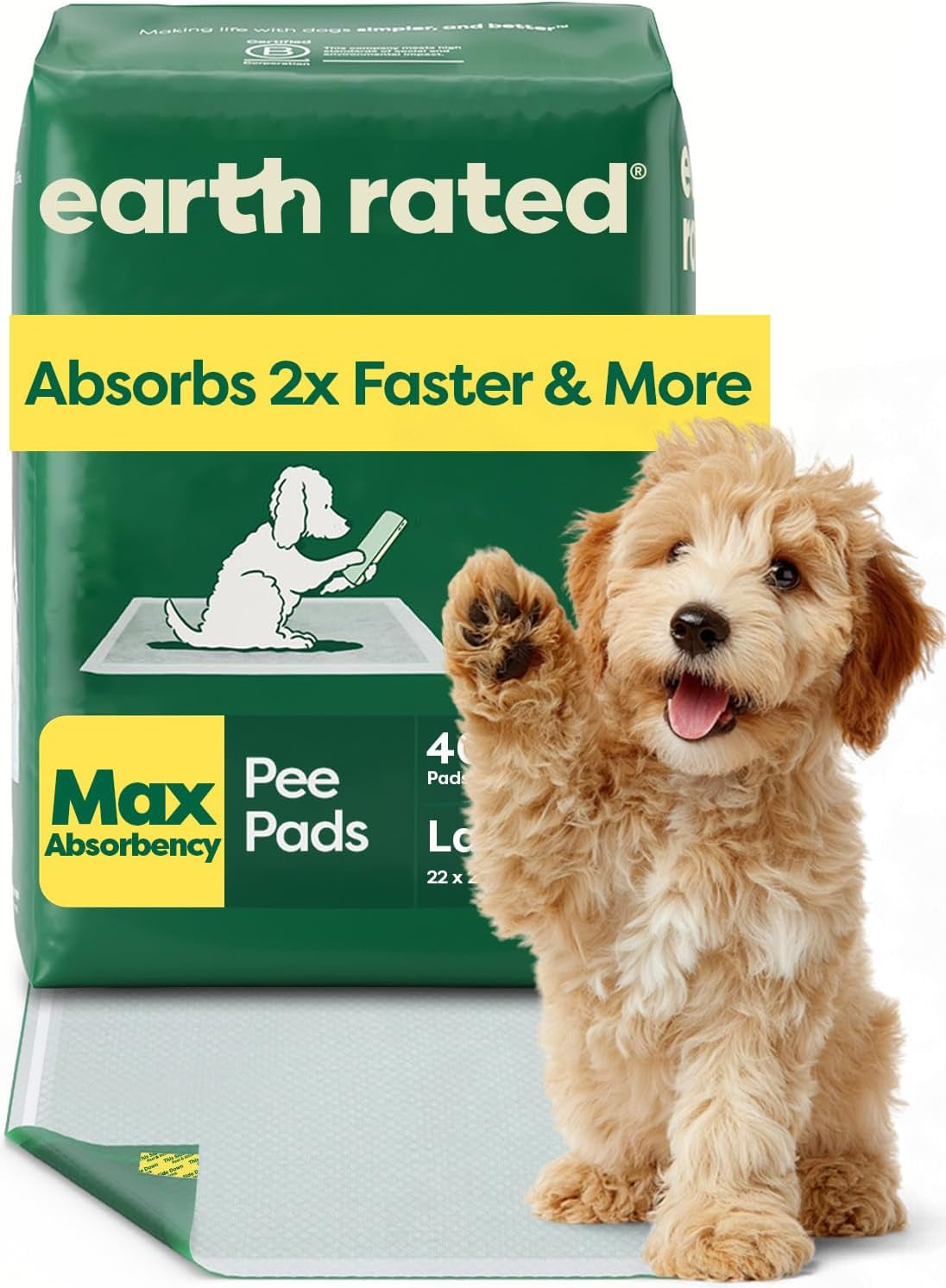 Max Absorbency Puppy Pee Pads for Dogs Absorbs 2X Faster & 2X More, Leak-Proof, Odor Control Potty Training, Unscented, Large, 22” X 23”, 40 Count