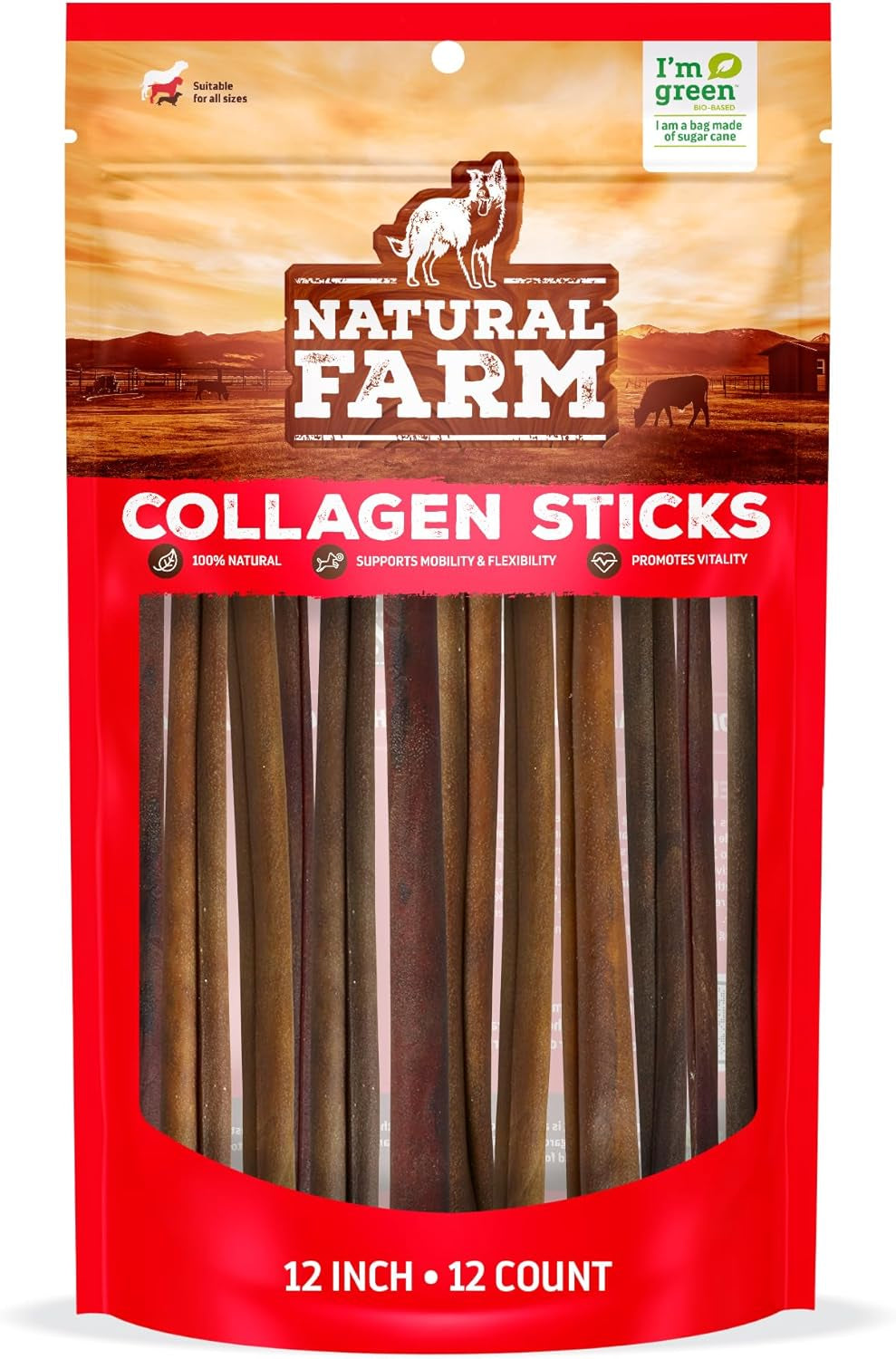 Odor-Free Collagen Chews, (12-Inch, 12-Pack), Long Lasting Bully Sticks & Rawhide Alternative Dog Treats, 95% Collagen, High Protein Best Dental Dog Treats – Medium & Large Dogs