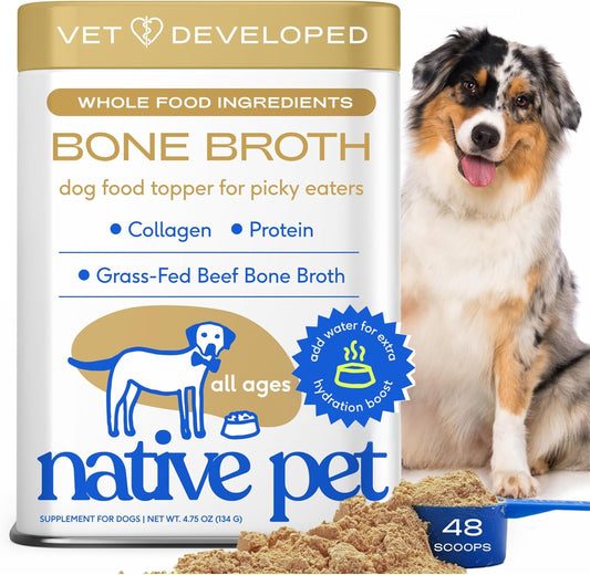 Bone Broth for Dogs - Made with Real Beef Bone Broth, Dog Food Toppers for Picky Eaters - Provides Extra Hydration & Nutrition for Joint Strength, Immunity & Heart Health-48 Scoops