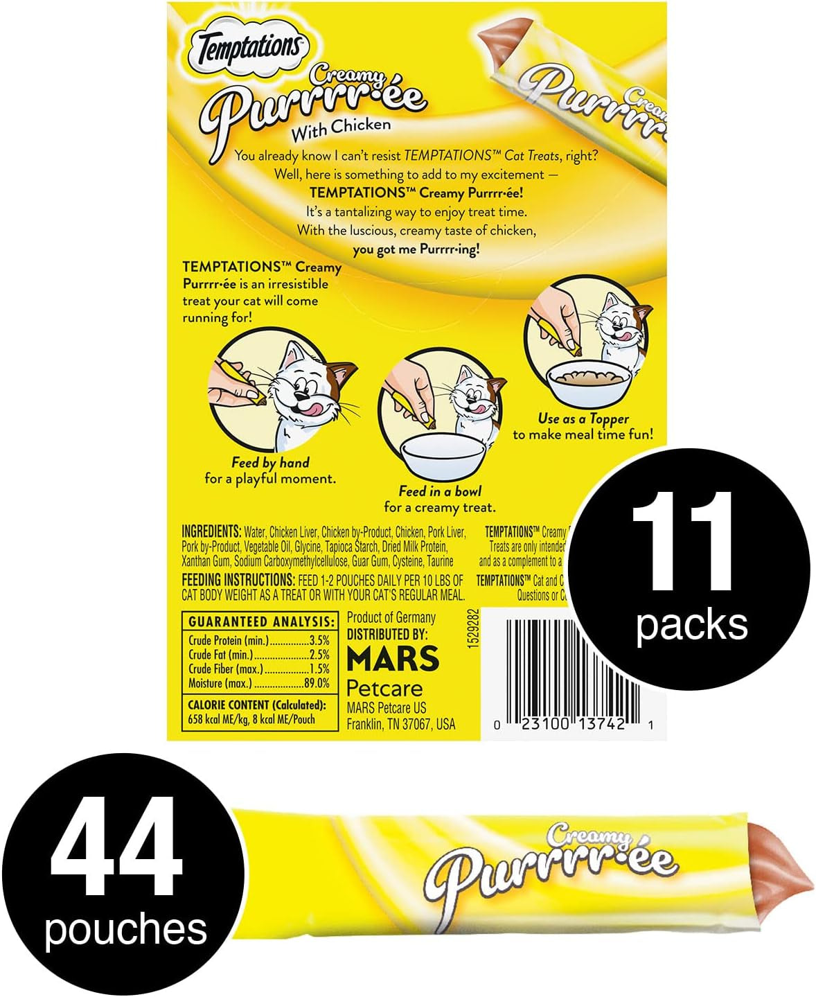 Creamy Puree Squeezable Lickable Wet Cat Treats with Chicken, 0.42 Oz. Tubes, 4 Count, Pack of 11 (44 Total)
