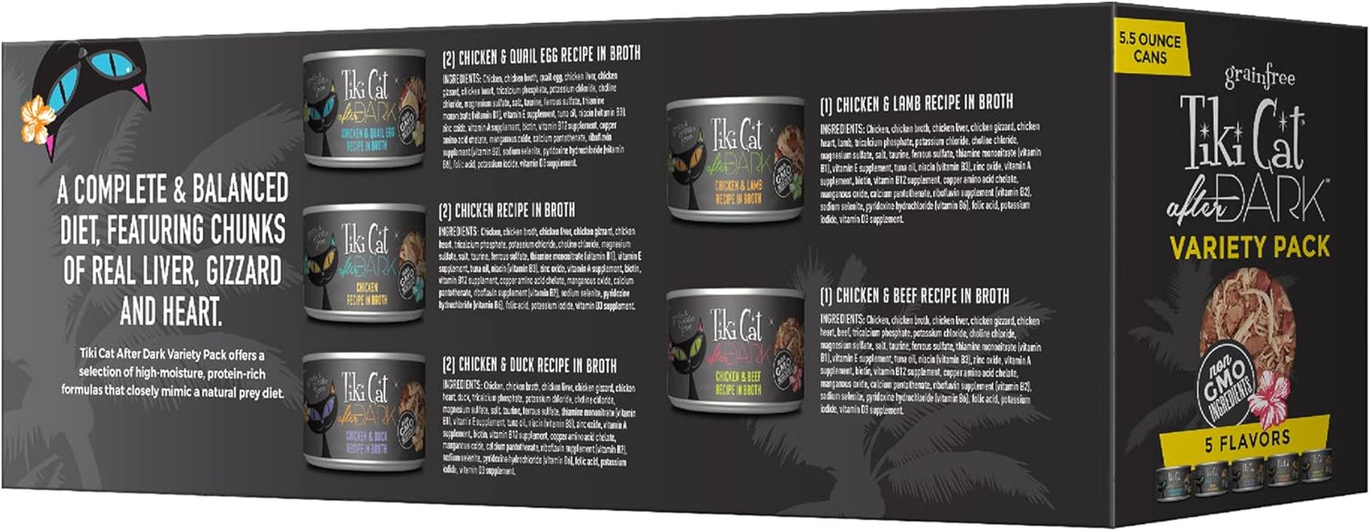 Tiki Cat after Dark, Variety Pack, High-Protein and 100% Non-Gmo Ingredients, Wet Cat Food for Adult Cats, 5.5 Oz. Cans (Pack of 8)