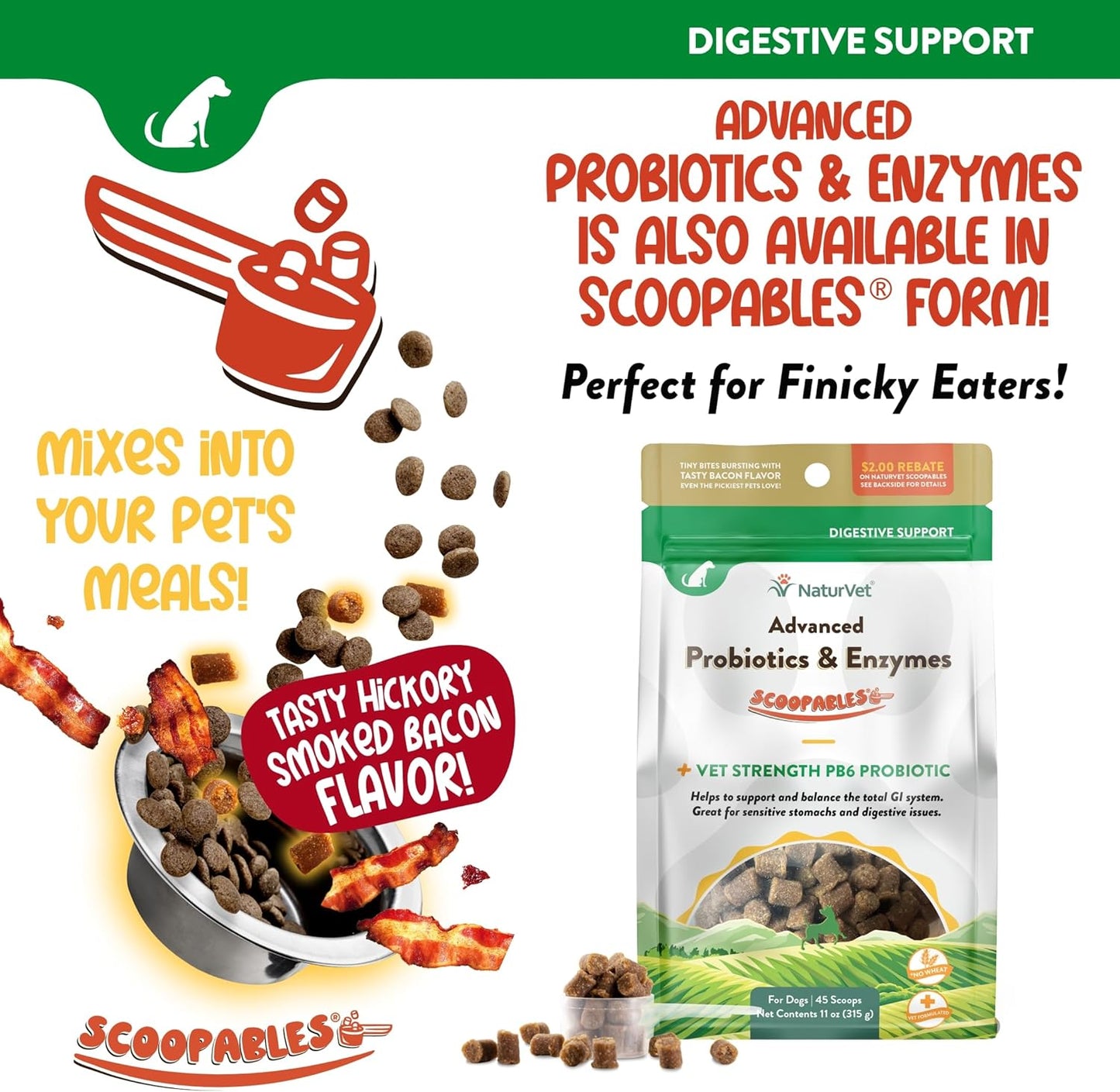 Advanced Probiotics & Enzymes, PB6 Dog Soft Chews to Help Sensitive Stomachs and Digestive Issues, Hickory Smoked Bacon Flavored Pet Supplement for Dogs over 6 Weeks, 120 Count Jar