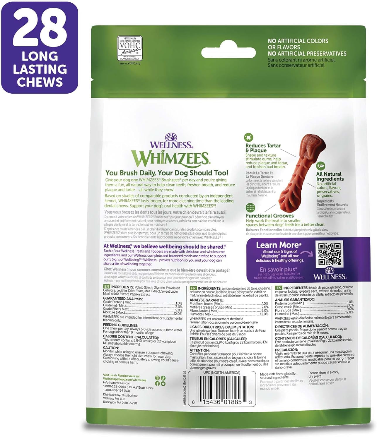 Wellness Daily Brushzees Dog Dental Treats, Natural Chews, Extra Small Size Stick, (28 Count)