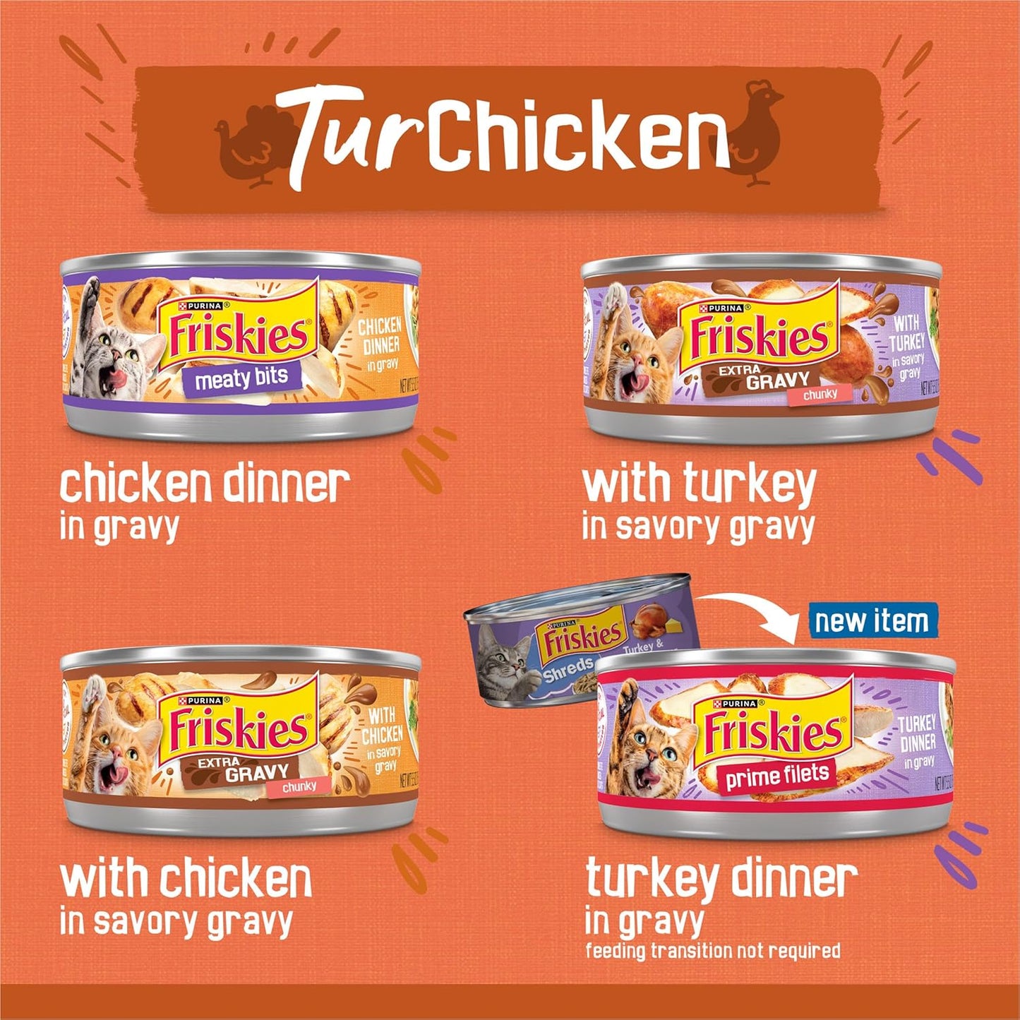 Purina  Wet Cat Food Gravy Variety Pack, Turchicken Extra Gravy Chunky, Meaty Bits and Prime Filets - 48 Ct. Can