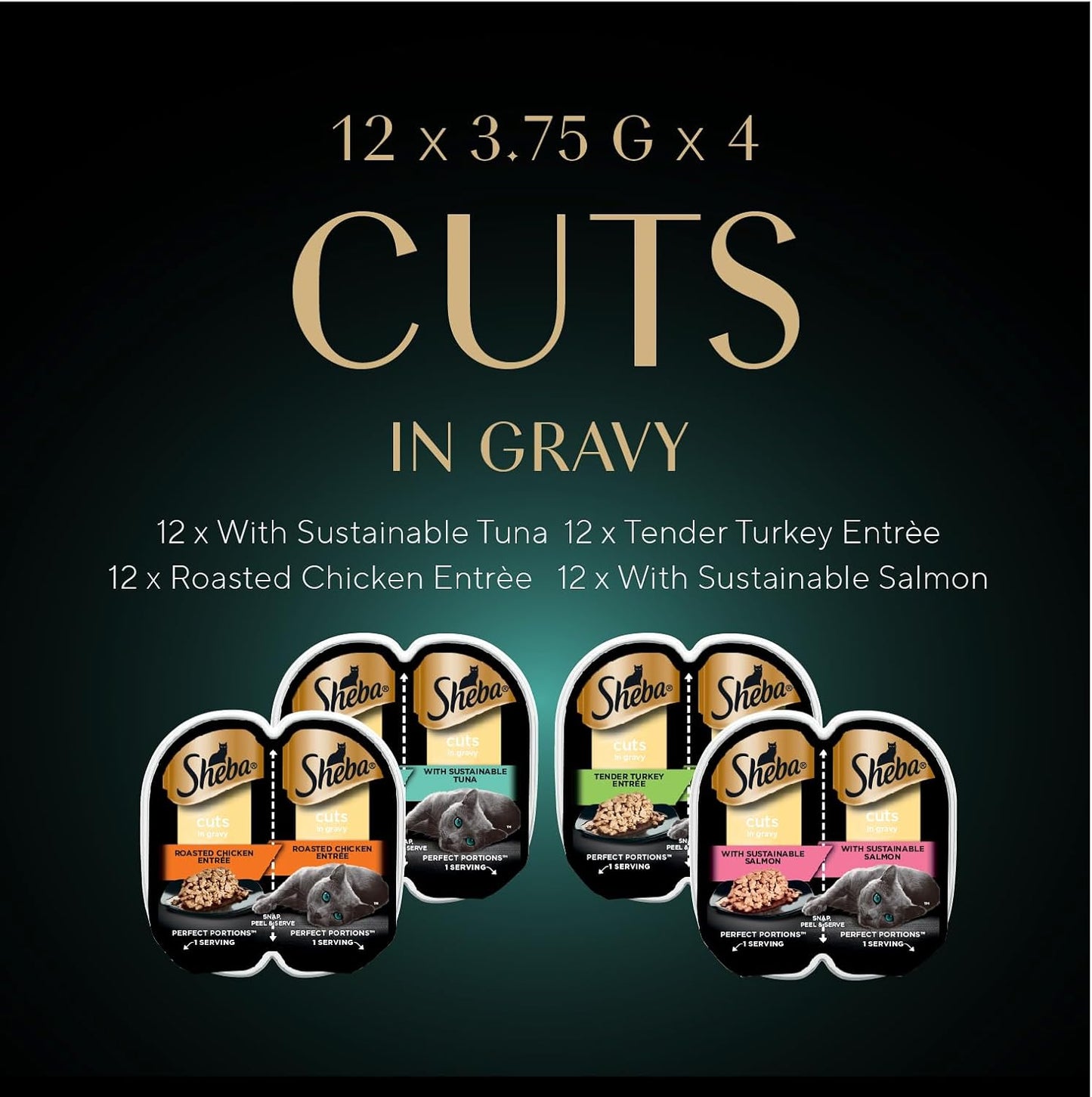 Perfect Portions Wet Cat Food Cuts in Gravy Variety Pack, Roasted Chicken, Tender Turkey, with Sustainable Salmon, and with Sustainable Tuna, 2.6 Oz. Twin-Pack Trays (48 Count, 96 Servings)