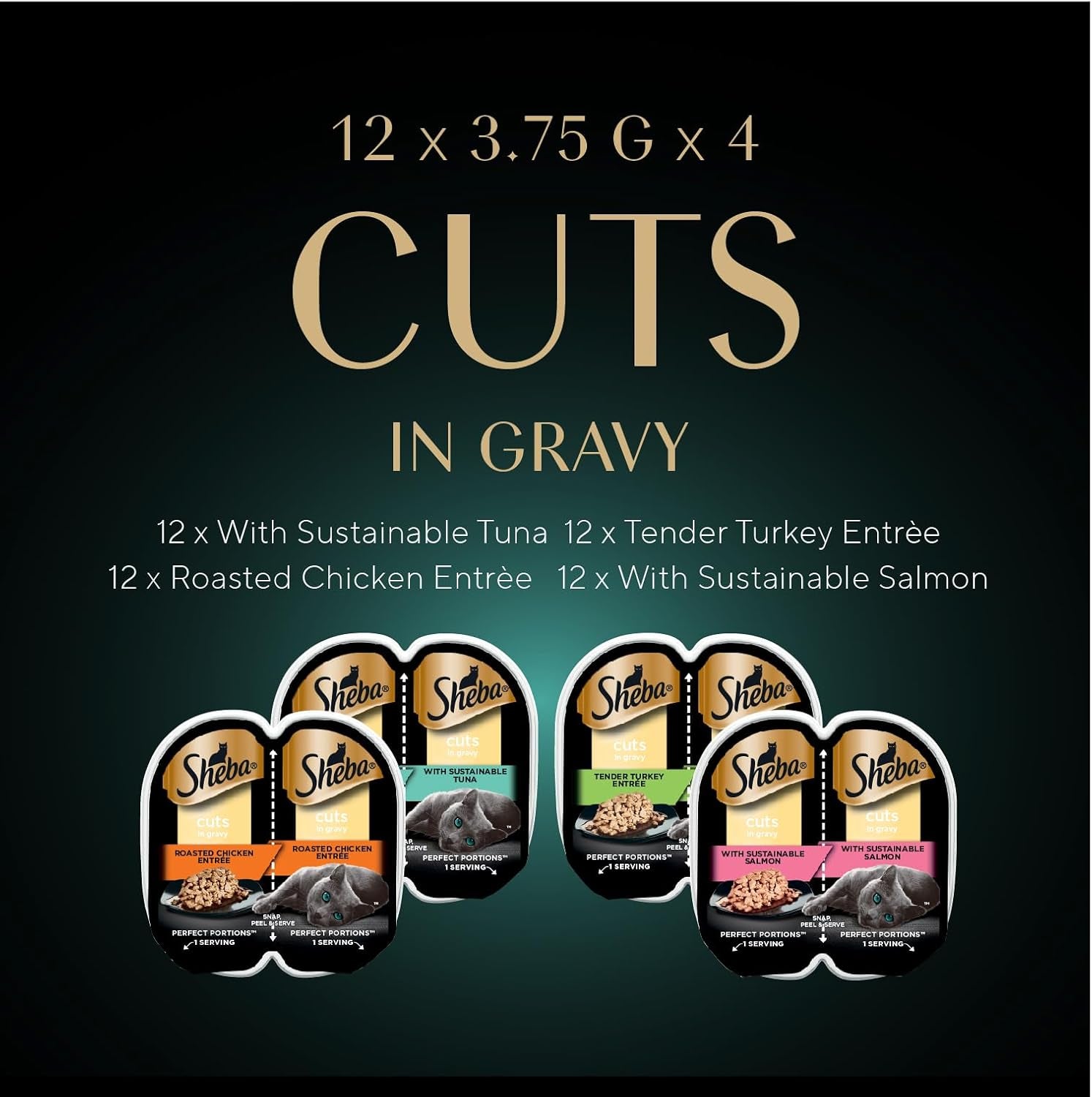Perfect Portions Wet Cat Food Cuts in Gravy Variety Pack, Roasted Chicken, Tender Turkey, with Sustainable Salmon, and with Sustainable Tuna, 2.6 Oz. Twin-Pack Trays (48 Count, 96 Servings)