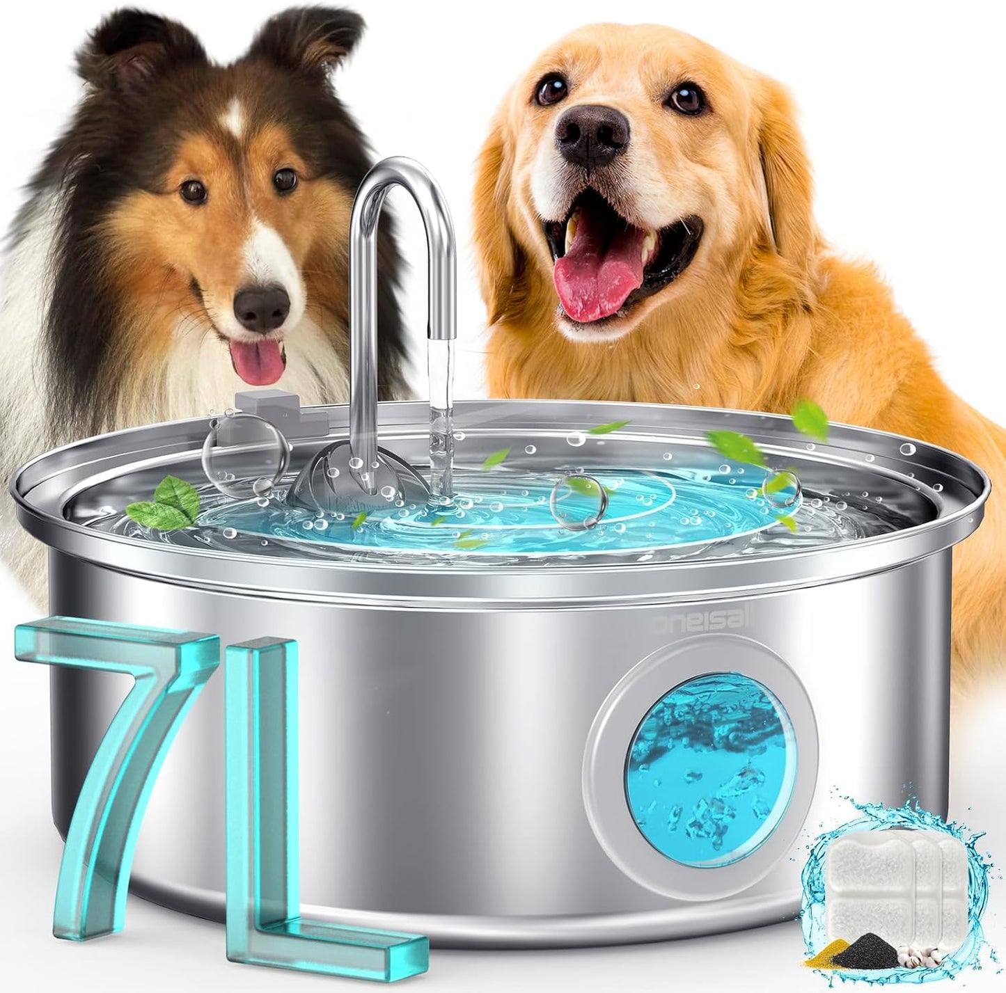 Dog Water Fountain, 7L/230Oz/1.8G Quiet Dog Fountain Water Bowl, Stainless Steel Dog Water Fountain with Visual Water Level&Triple Filtration for Large Medium Small Breed Dogs Pets