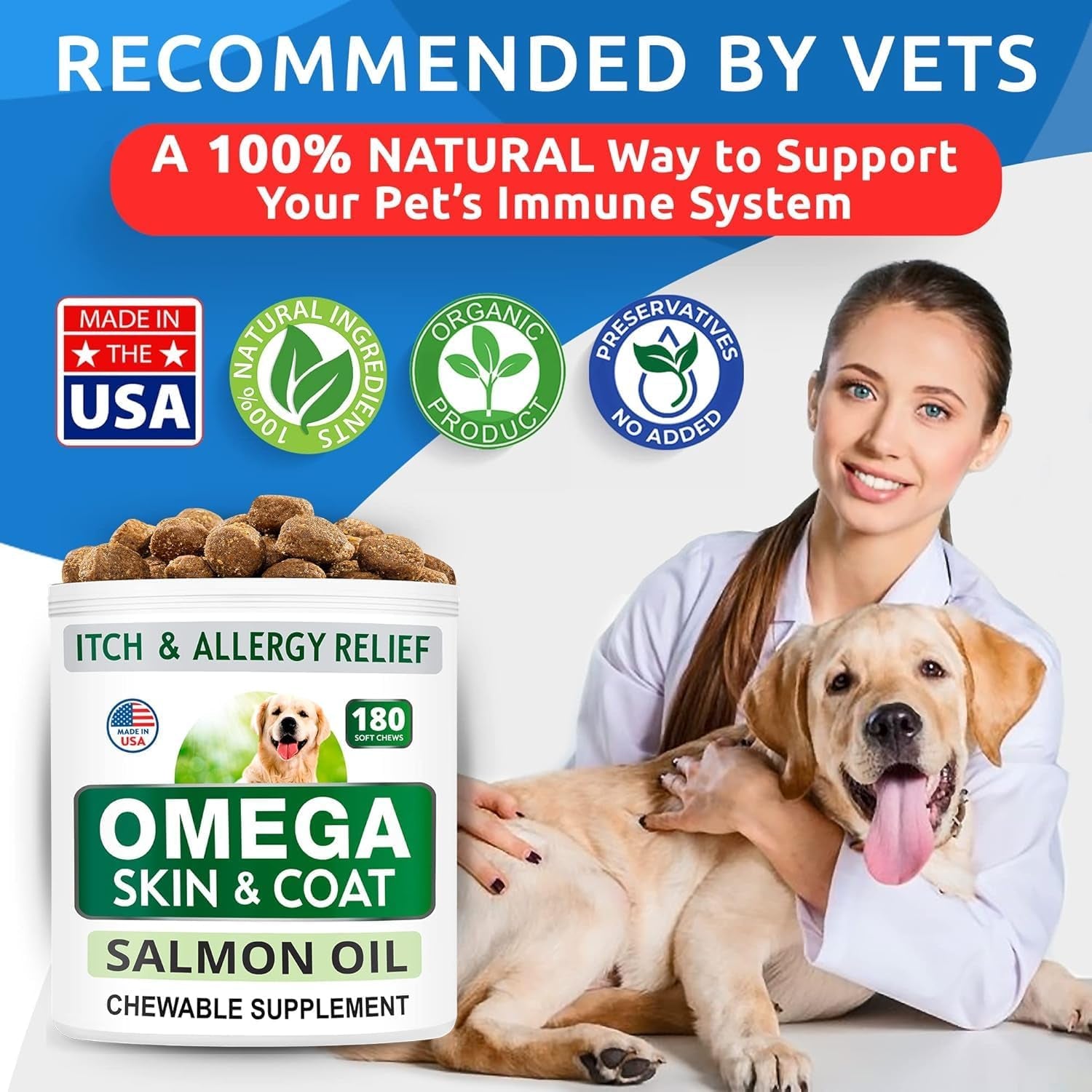 Omega 3 for Dogs - 180 Fish Oil Treats for Dog Shedding, Skin Allergy Chews, Itch Relief, Hot Spots Treatment - Joint Health - Skin and Coat Supplement - EPA & DHA Fatty Acids - Salmon Oil