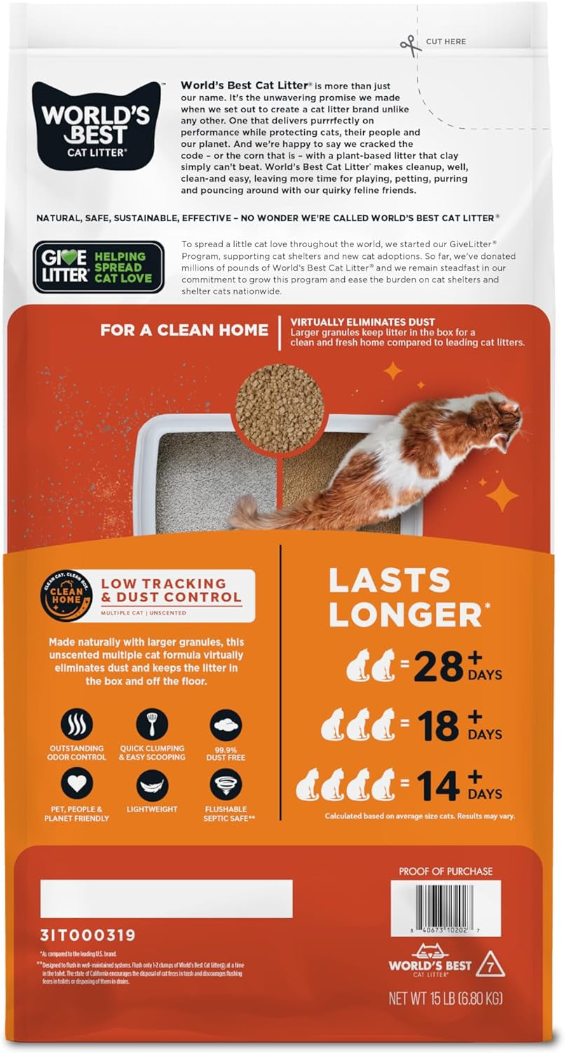 Low Tracking & Dust Control Multiple Cat Unscented 15-Pounds - Natural Ingredients, Quick Clumping, Flushable & Made in USA - Long-Lasting Odor Control & Easy Scooping