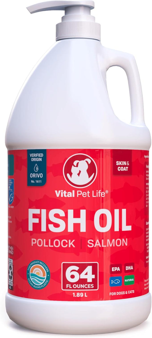 Fish Oil for Dogs - Healthy Skin & Coat, Salmon, Pollock, All Natural Supplement for Pets, Itching Scratching Allergy & Inflammation Defense, Omega 3 EPA DHA, Brain & Heart Health, 64 Oz
