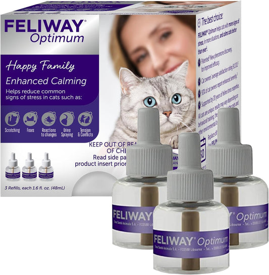 Optimum 3 X 30 Day Cat Calming Refills for Pheromone Diffuser, 3 X 48Ml Value Pack - Helps Reduce Common Signs of Stress in Cats & Kittens, Enhanced Calming