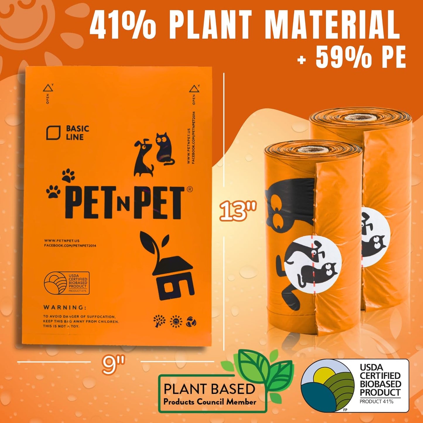 1080 Counts Orange Poop Bags for Dogs, 41% Plant Based & 59% PE Extra Thick Dog Poop Bags Rolls, 9" X 13", Unscented Pet Waste Bag