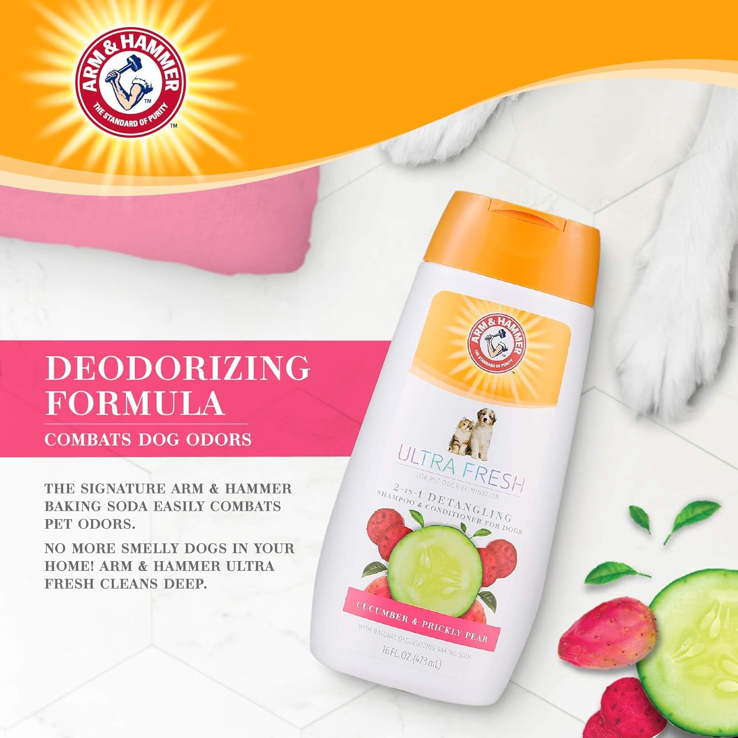 Ultra Fresh 2-In-1 Detangling Shampoo + Conditioner, Cucumber Pear Scent - Dog Bathing with Coconut Oil, Baking Soda for Odor Control, Pet Grooming Supplies, 16 Fl Oz