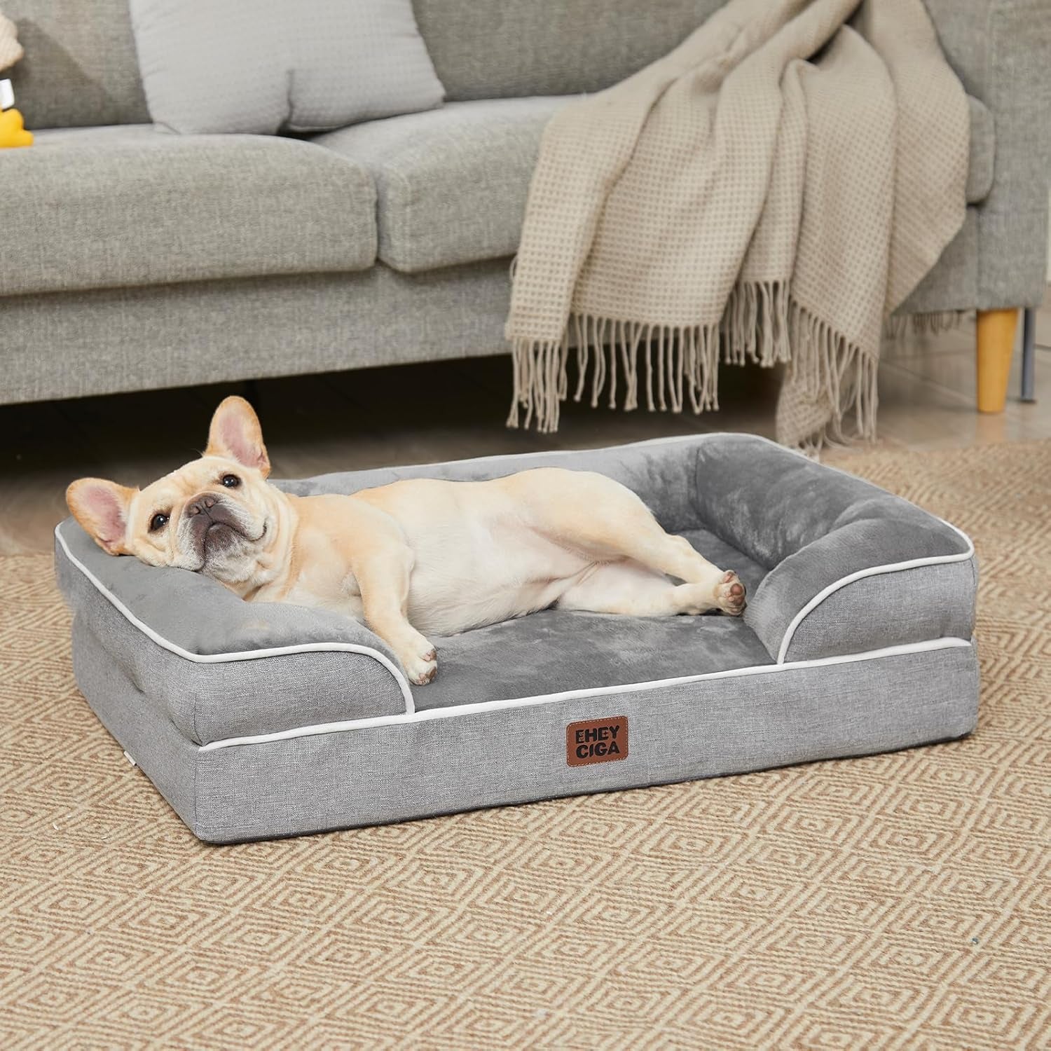 Orthopedic Dog Beds for Large Dogs, Waterproof Memory Foam Large Dog Bed with Sides, Non-Slip Bottom and Egg-Crate Foam Pet Couch Bed with Washable Removable Cover, Grey