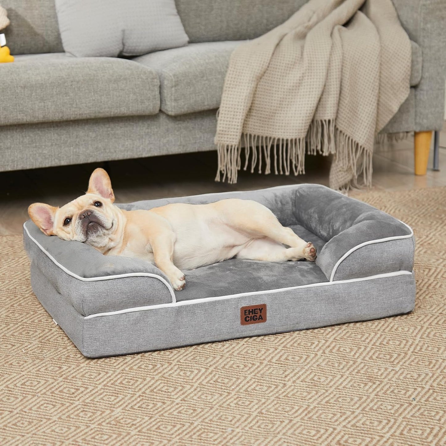 Orthopedic Dog Beds for Large Dogs, Waterproof Memory Foam Large Pet Bed with Sides, Non-Slip Bottom and Egg-Crate Foam Dog Couch Bed with Washable Removable Cover, Grey