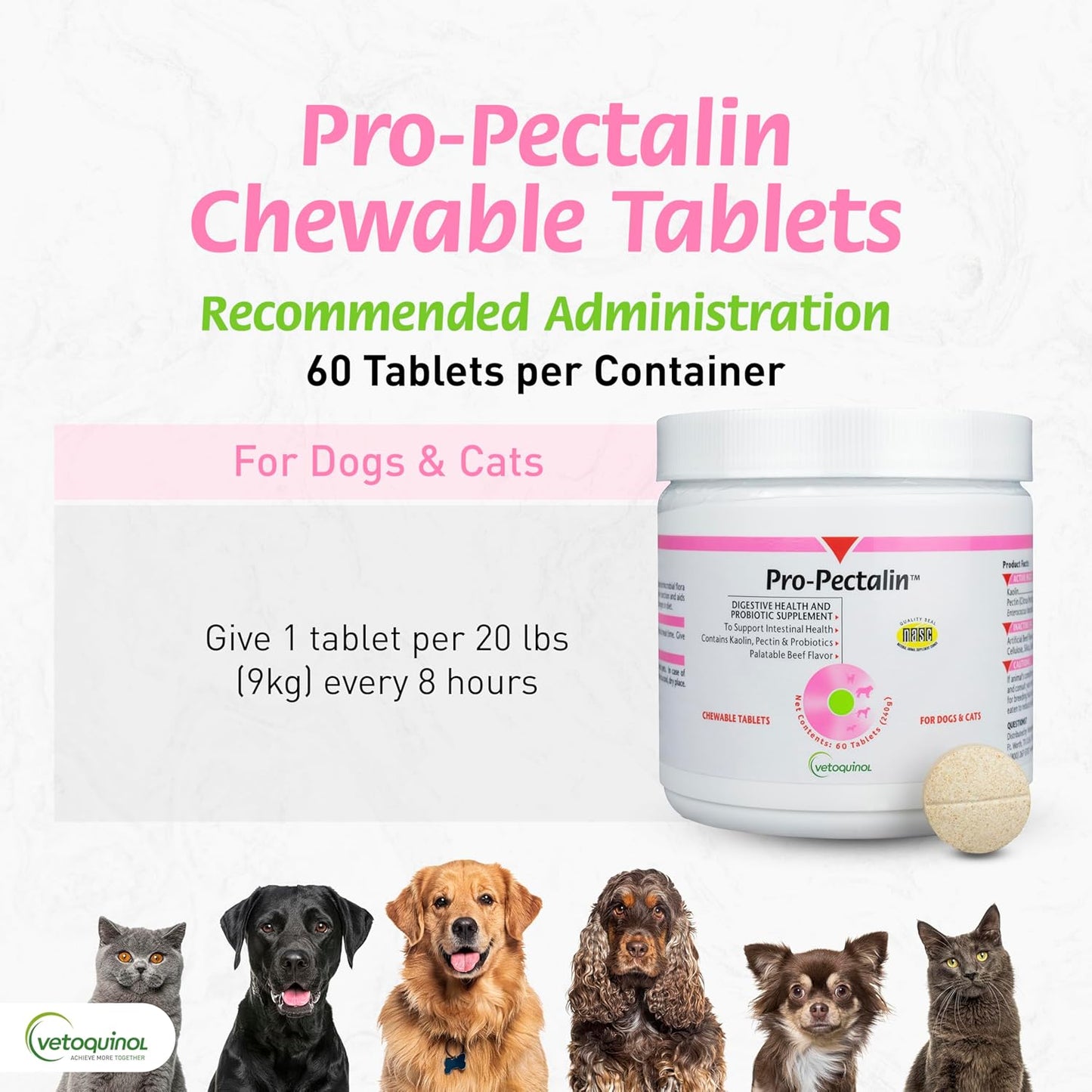 Pro-Pectalin Chewable Tablets for Dogs & Cats, Helps Relieve Occasional Diarrhea, Situational Diarrhea Relief with Kaolin and Pectin, Contains Beneficial Probiotic Bacteria, 60Ct