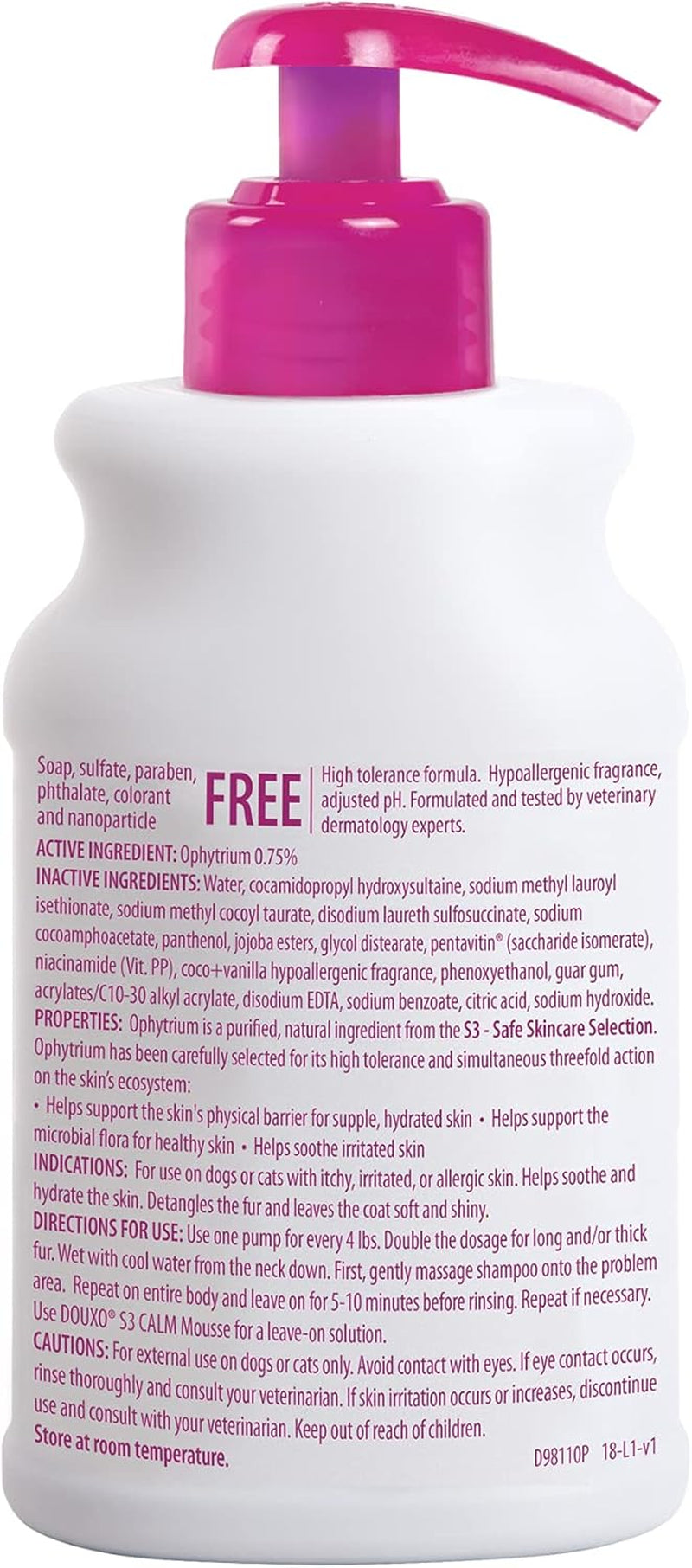 S3 Calm Shampoo, Contains 0.75% Ophytrium, Soothing, for Itchy, Irritated or Allergic Skin, for Dogs and Cats, 6.7 Fl. Oz. (200Ml)