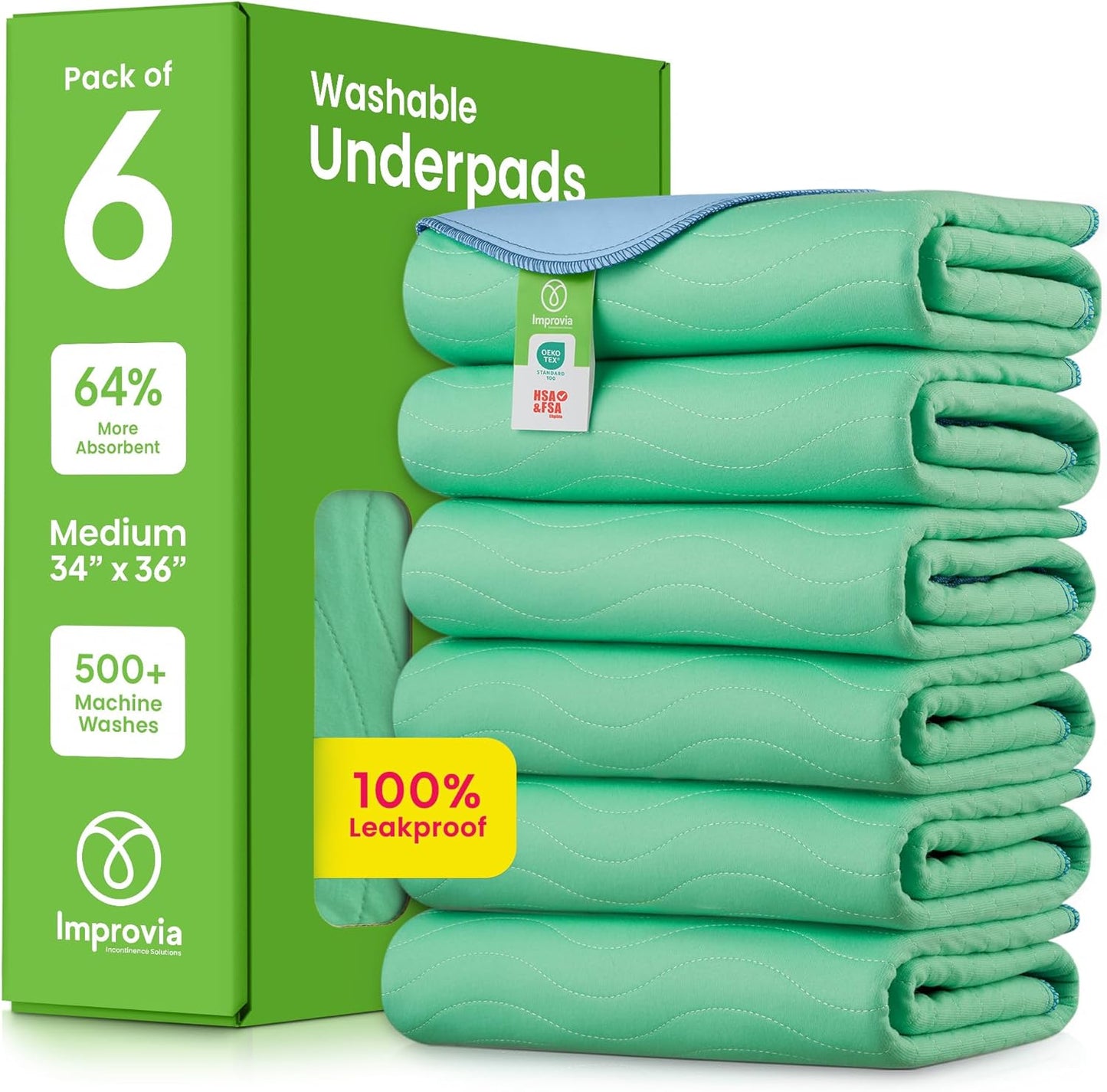 ® Washable Underpads, 34" X 36" (Pack of 6) - Heavy Absorbency Reusable Incontinence Pads for Kids, Adults, Elderly, and Pets - Waterproof Protective Pad for Bed, Couch, Sofa, Furniture, Floor