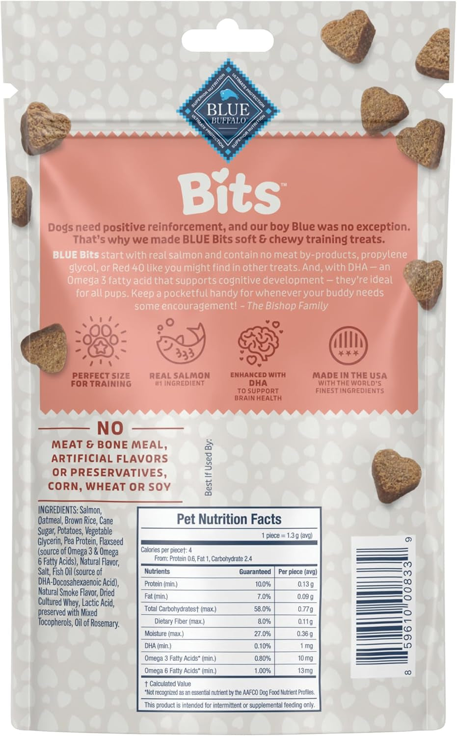 Bits Soft Dog Treats for Training, Made with Natural Ingredients & Enhanced with DHA, Salmon Recipe, 4-Oz Bag