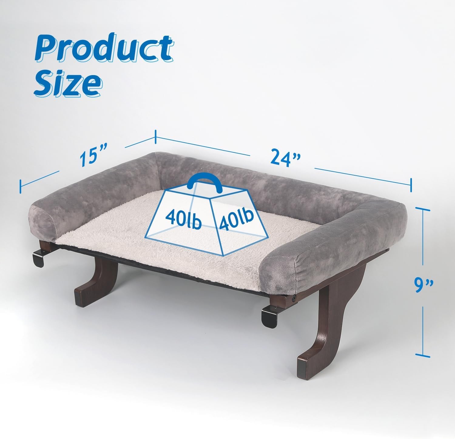 Cat Perch for Window Sill with Bolster - Orthopedic Hammock Design with Premium Hardwood & Robust Metal Frame - Cat Window Seat for Large Cats and Kittens - Dark Stained Wood Gray Bed, 24''W