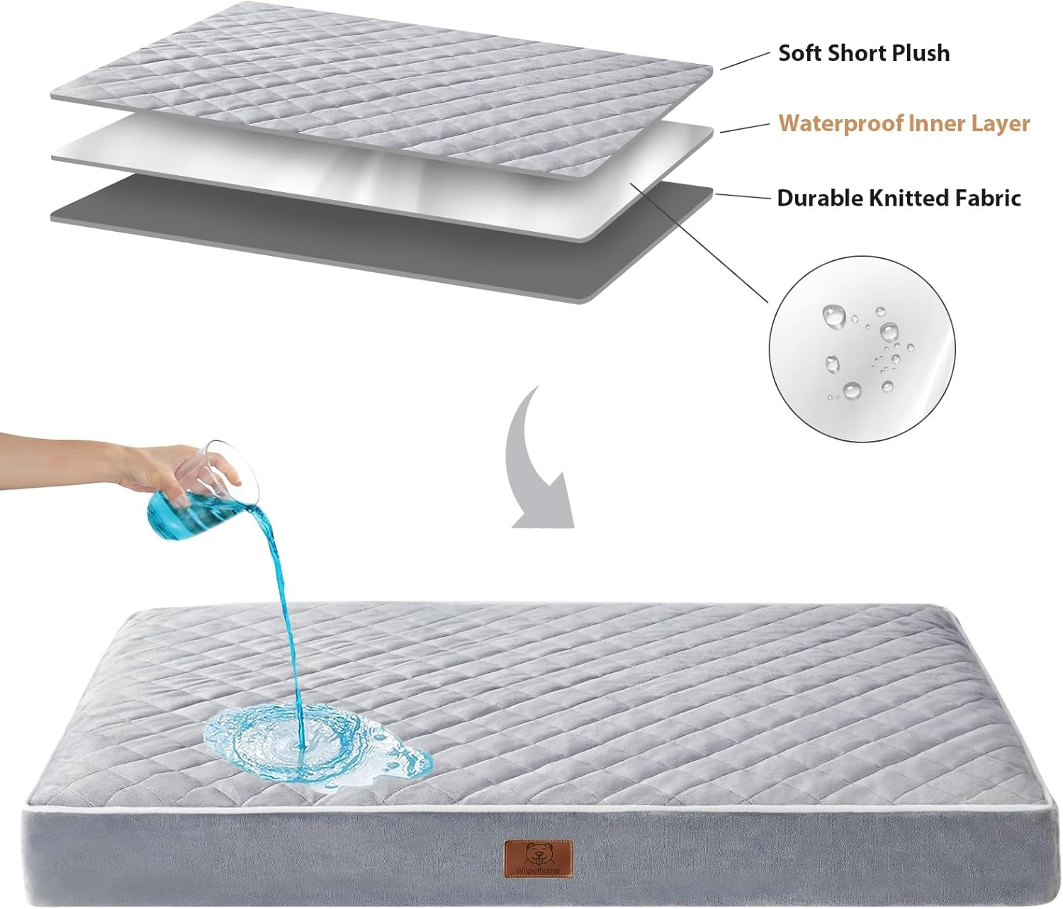 Orthopedic Waterproof Extra Large Dogs Bed with Removable Washable Cover, Multi-Needle Quilting XL Crate Bed for Large Sized Dog, Light Grey