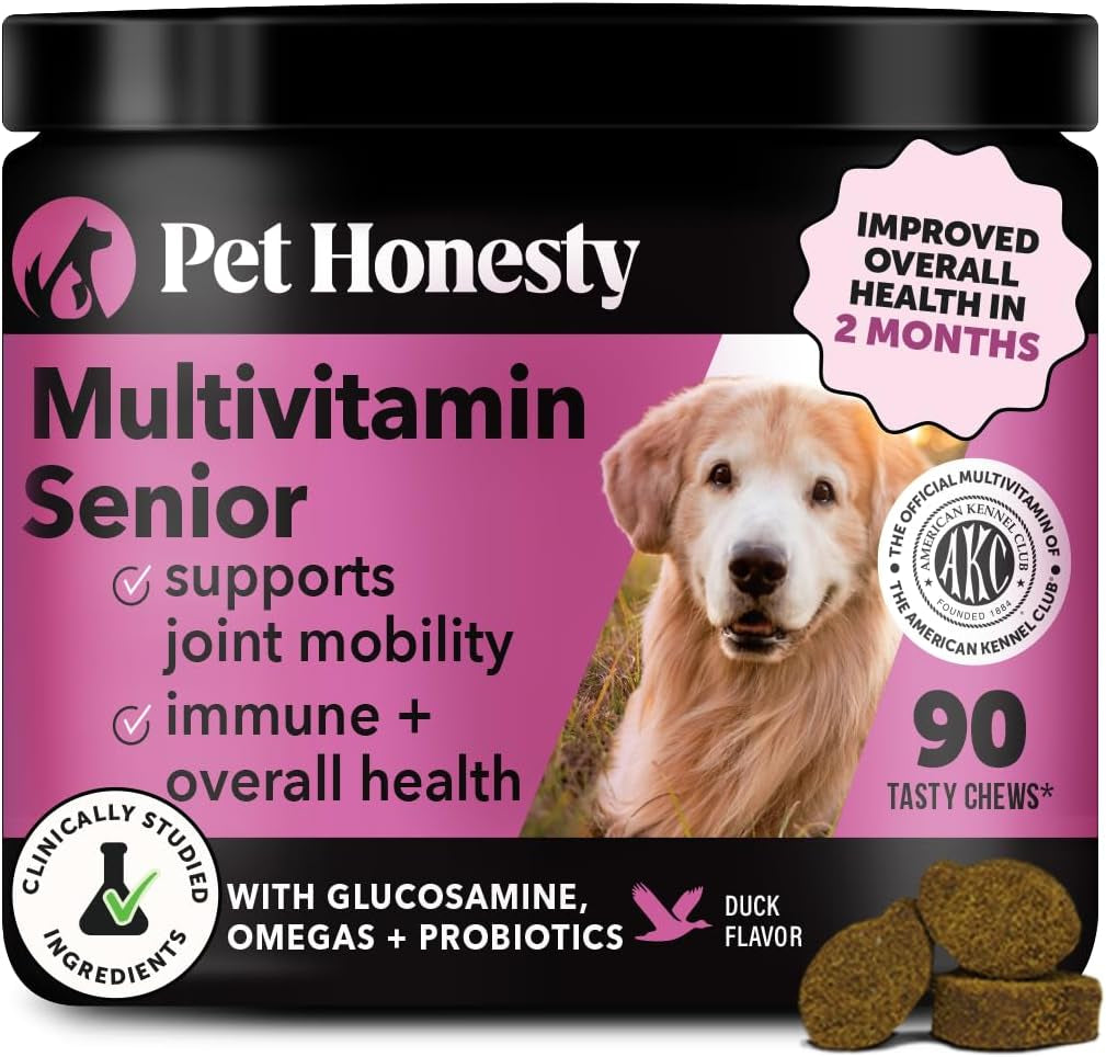 Senior Dog Multivitamin - Essential Dog Vitamins and Supplements - Glucosamine, Probiotics, Omega Fish Oil for Dogs Health & Heart- Dogs Vitamins Health Supplies (Duck 90 Ct)