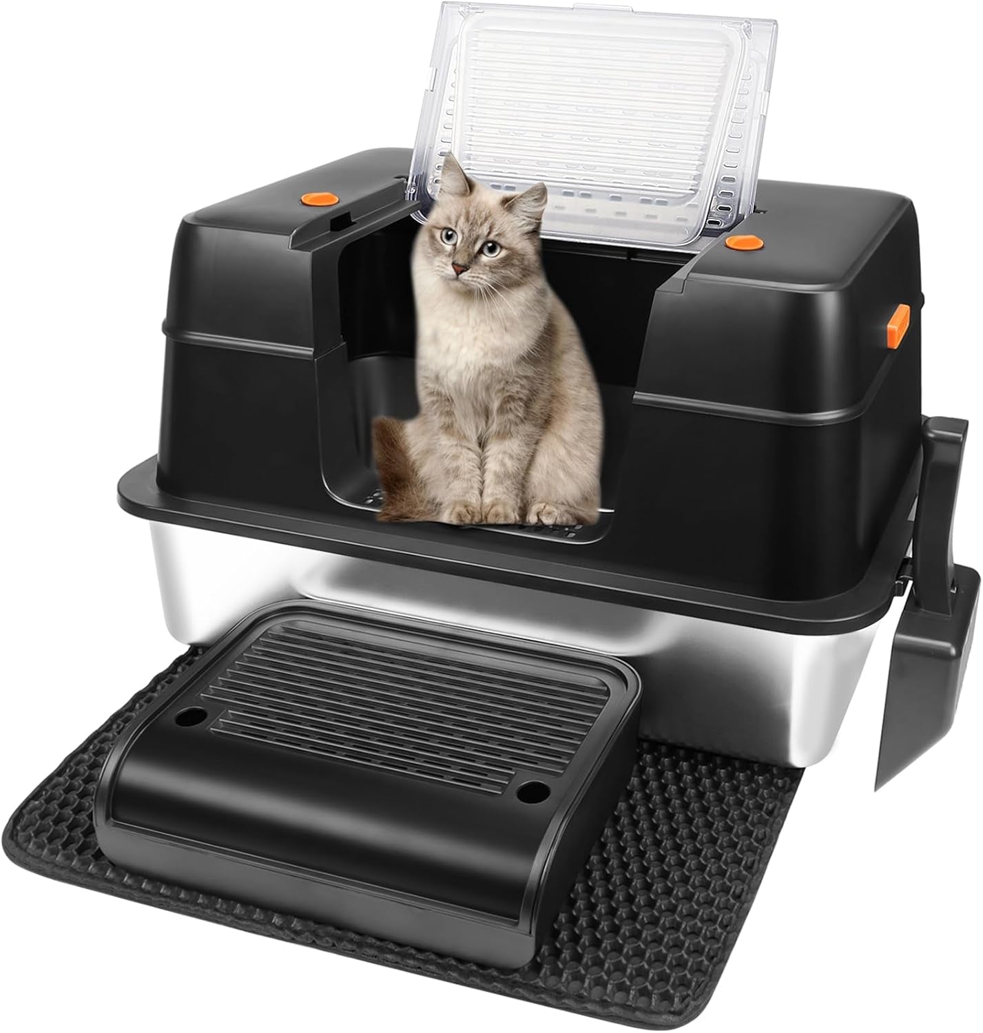 Stainless Steel Litter Box, XL Side Entry Extra Large Litter Box with Lid for Big Cats & Kitty, Removable Enclosed Metal Cat Pan with High Sided Enclosure, Scoop, Mat, Footboard (Black)
