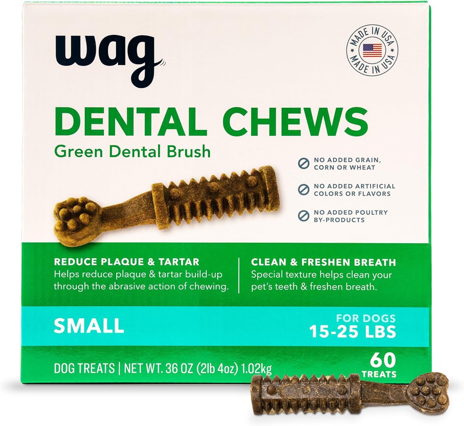 Amazon Brand -  Dental Dog Treats to Help Clean Teeth & Freshen Breath - Small, Unflavored, 2.25 Pounds, 60 Count (Pack of 1)