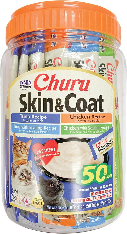 Churu Lickable Purée Natural Cat Treats for Skin and Coat with Omega Oils, Taurine and Vitamin E, 0.5 Ounces Each Tube, 50 Tubes, Skin & Coat Variety