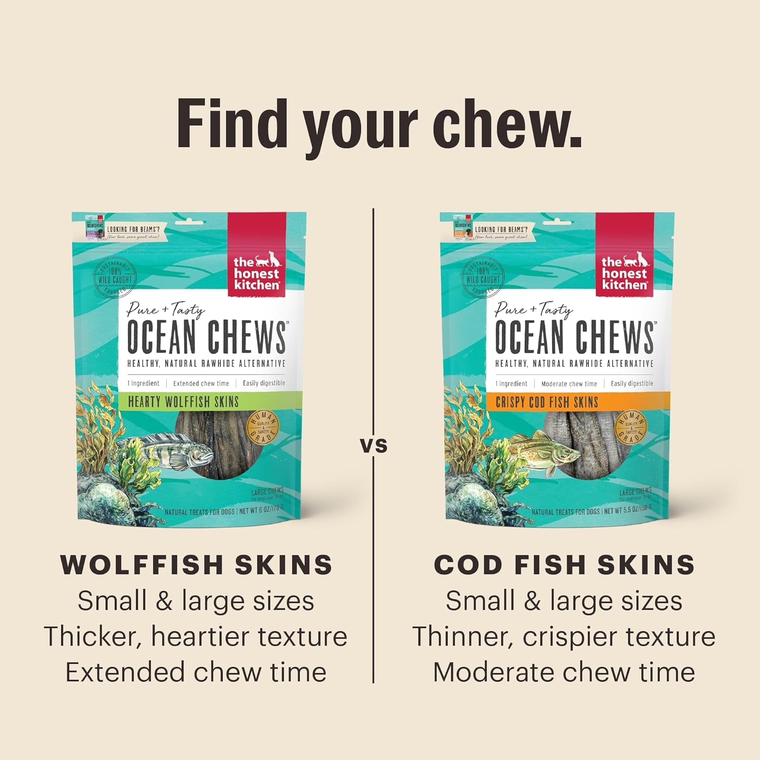 Human Grade Ocean Chews Crispy Cod Fish Skins Dog Treats, 5.5 Ounces