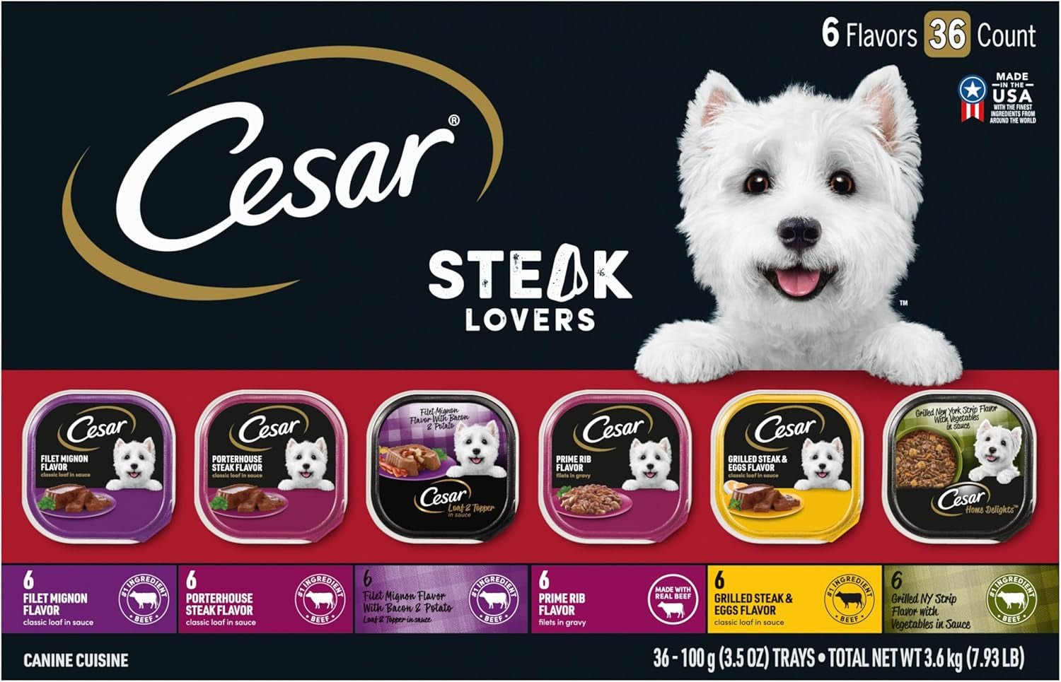 Wet Dog Food Steak Lovers Variety Pack with Real Meat, 3.5 Oz. Trays (36 Count, Pack of 1)