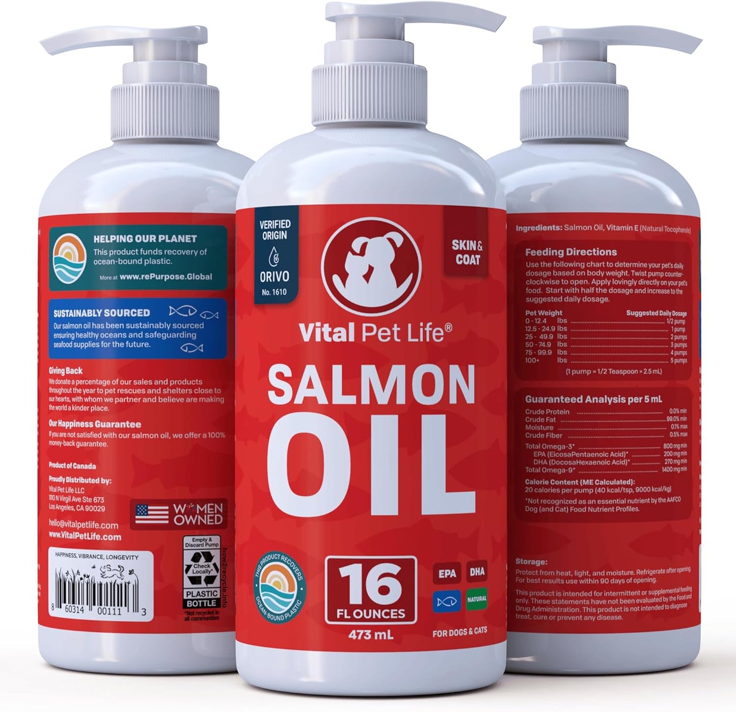 Salmon Oil for Dogs & Cats - Healthy Skin & Coat, Fish Oil, Omega 3 EPA DHA, Liquid Food Supplement for Pets, Supports Joint & Bone Health, Natural Allergy & Inflammation Defense, 16 Oz