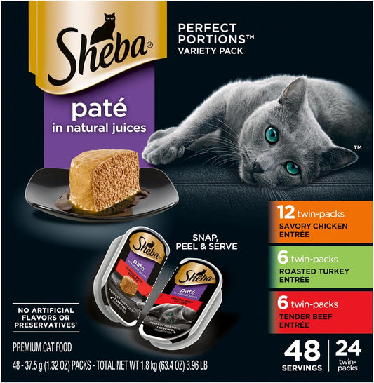 Perfect Portions Wet Cat Food Pate Savory Chicken Entree, Roasted Turkey Entree, and Tender Beef Entree Variety Pack, 2.6 Oz. Twin Pack Trays (24 Count, 48 Servings)