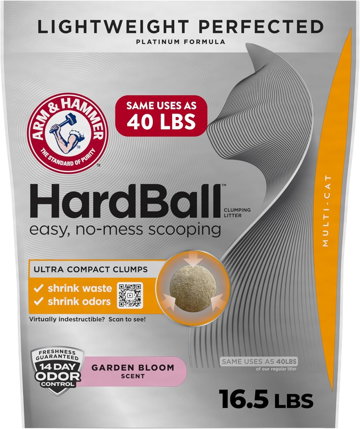 Hardball Lightweight Platinum Multi-Cat Clumping Cat Litter Odor Control, Easy No-Mess Scooping, Garden Bloom Scent, 16.5 Lbs.