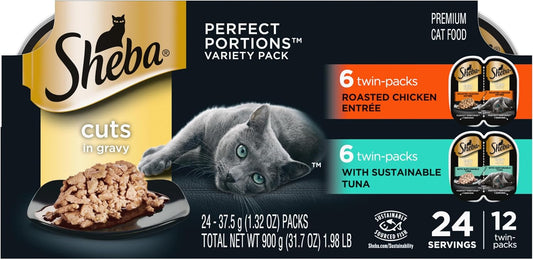 Perfect Portions Wet Cat Food Cuts in Gravy Variety Pack, Roasted Chicken Entree and with Sustainable Tuna, 2.6 Oz. Twin-Pack Trays (12 Count, 24 Servings)