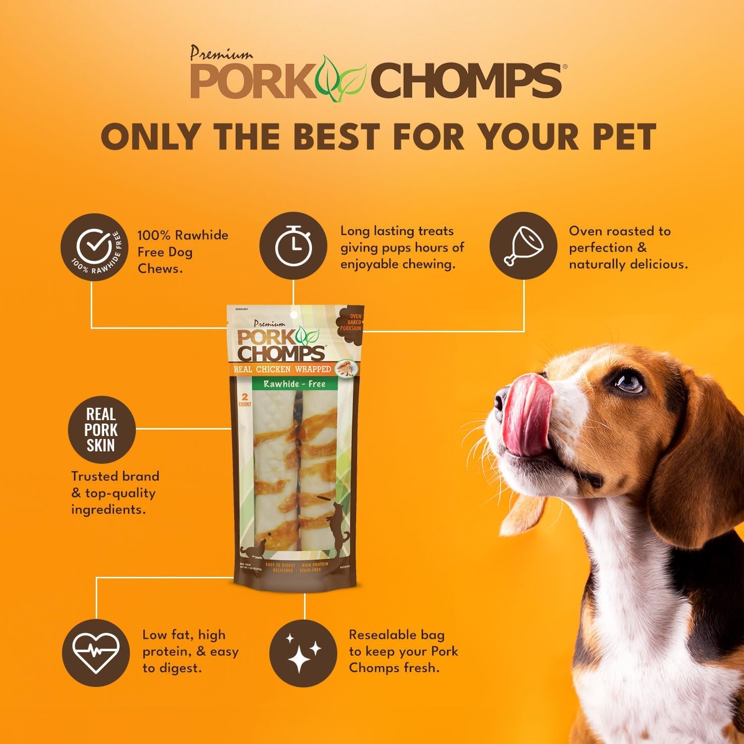 Baked Pork Skin Dog Chews, 8-Inch Rolls, Real Chicken Wrap, 2 Count