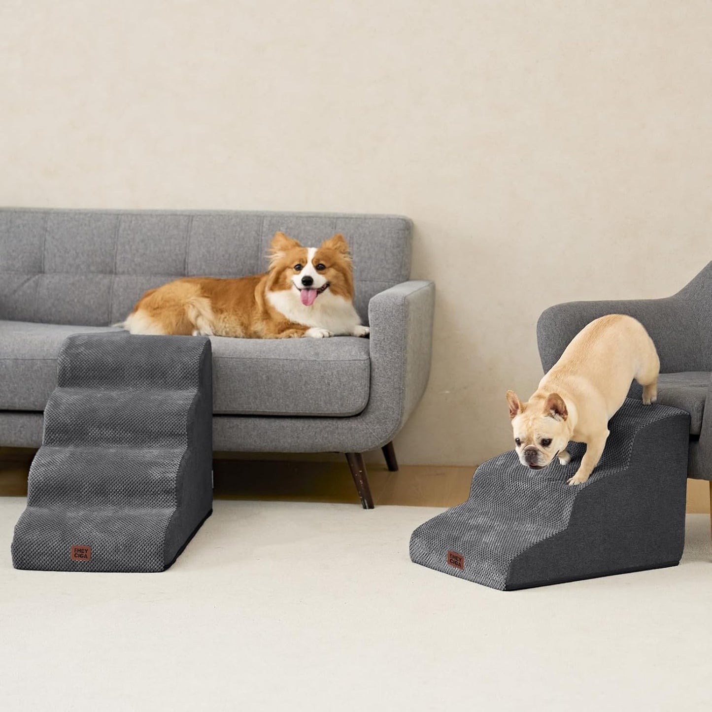 Curved Dog Stairs Ramp for Small Dogs 15.7" H, 3-Step Dog Steps for Couch Sofa and Chair, Pet Stairs for Cats, Non-Slip Balanced Pet Steps Indoor, Grey