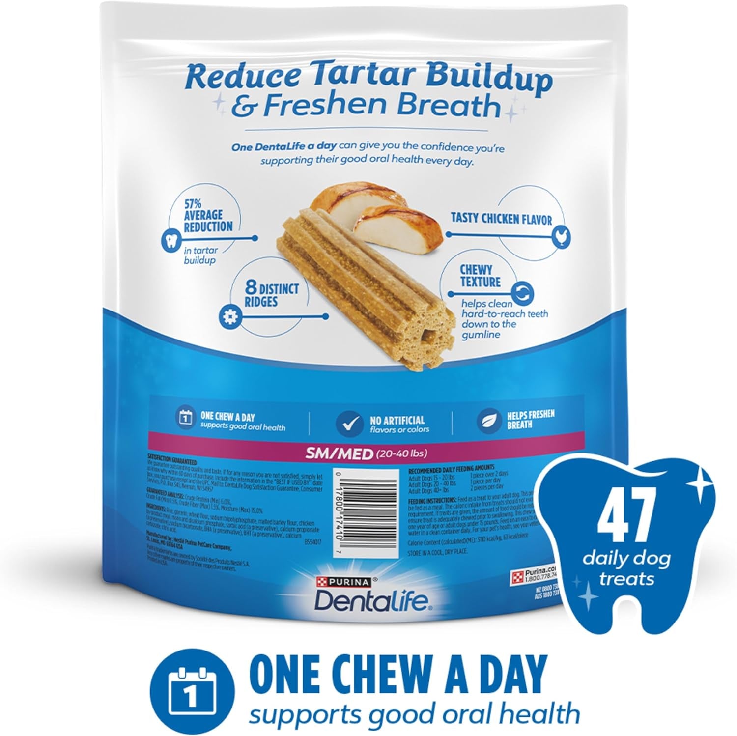 Daily Oral Care Dog Treats for Small and Medium Dogs, Chewy Dental Treat to Freshen Breath and Fight Tartar, Chicken Flavor, 35.7 Oz. Each, 47 Chews Each/94 Total Chews - 47 Ct. Pouch