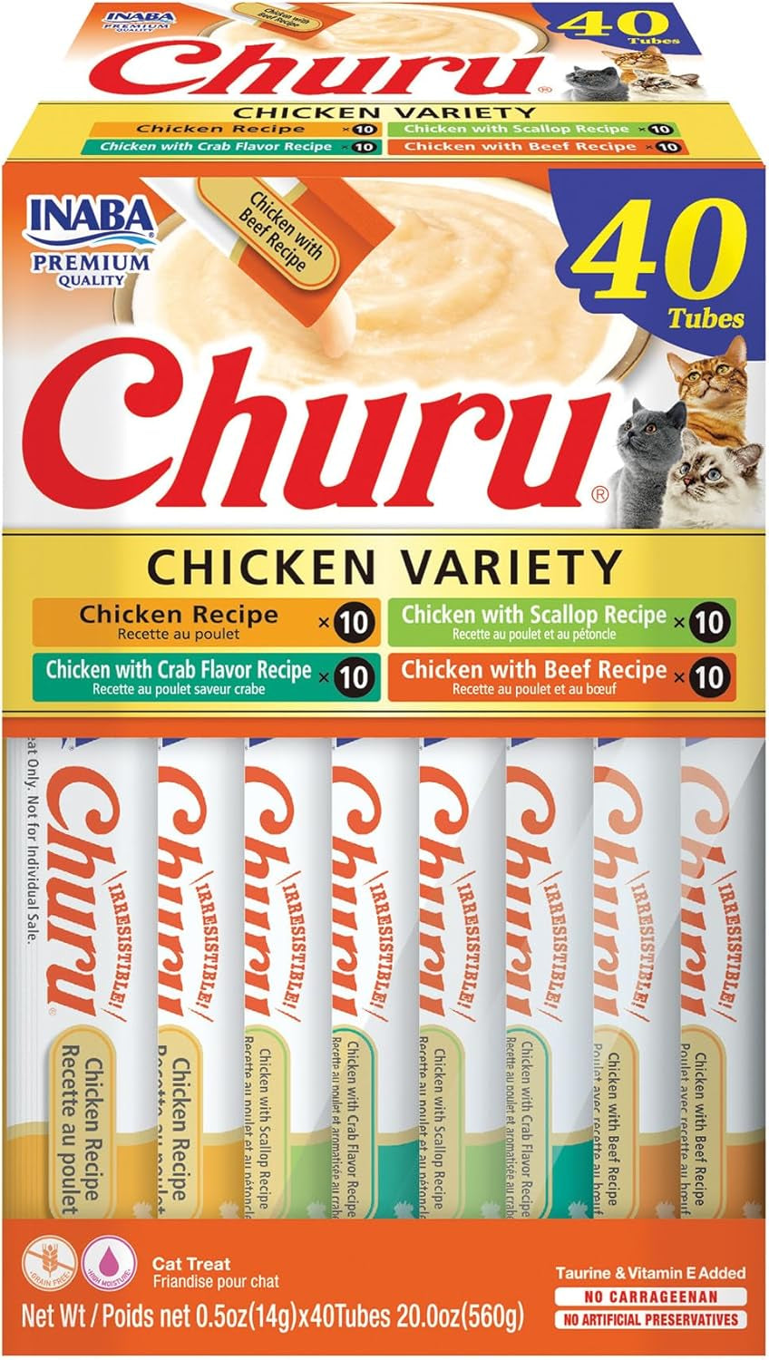 Churu Cat Treats, Grain-Free, Lickable, Squeezable Creamy Purée Cat Treat/Topper with Vitamin E & Taurine, 0.5 Ounces Each Tube, 40 Tubes, Chicken Variety Box
