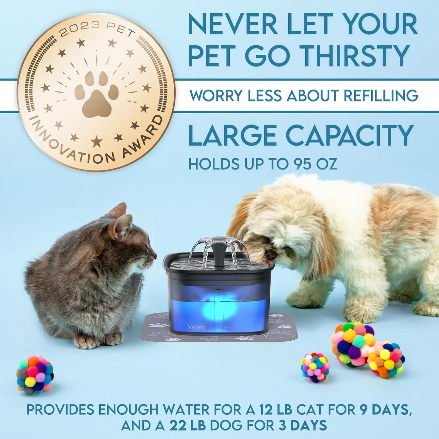 Innovation Award Winner 95Oz/2.8L Pet Fountain, Automatic Cat Water Fountain Dog Water Dispenser with Replacement Filters for Cats, Dogs, Multiple Pets (Space Black, Plastic)