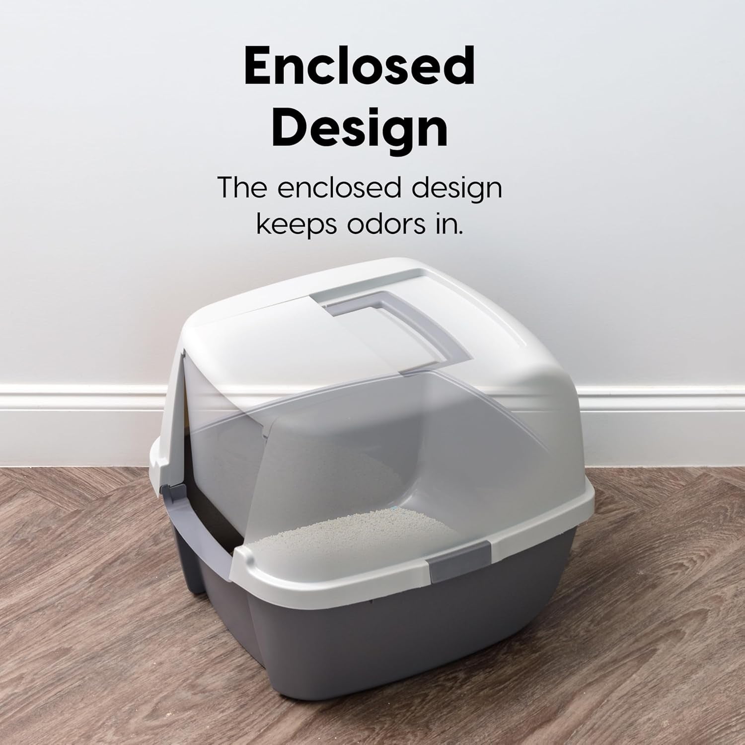 USA Cat Litter Box with Front Door Flap and Scoop, Covered Kitty Box with Handle and Buckles for Portability and Privacy, Dark Gray