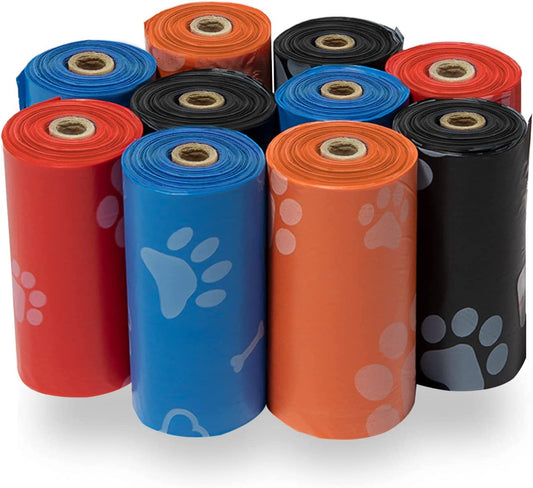 Dog Poop Bags (150 Bags) for Waste Refuse Cleanup, Doggy Roll Replacements for Outdoor Puppy Walking and Travel, Leak Proof and Tear Resistant, Thick Plastic - Assorted Colors
