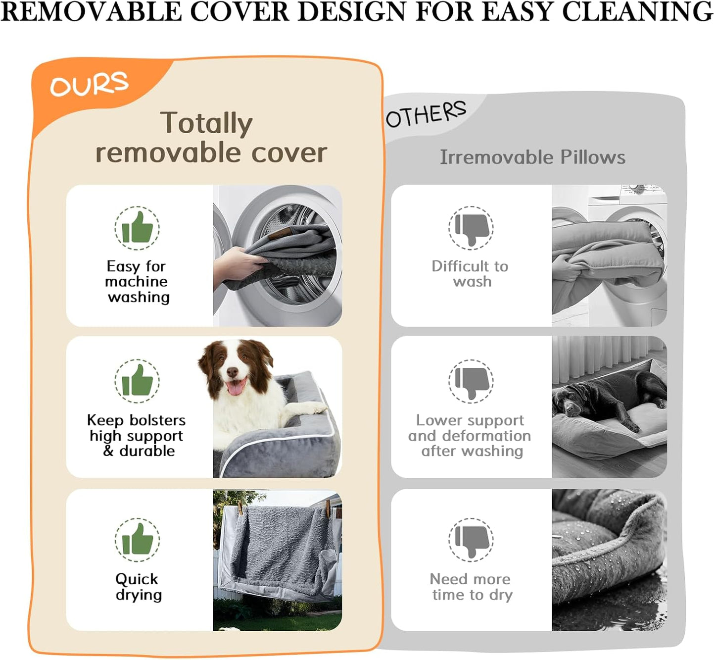 Orthopedic Dog Bed for Extra Large Dogs 42X30 Inch, Waterproof Egg Crate Foam XL Pet Bed with Removable Bolsters, Dog Couch with Washable Cover & Non-Slip Bottom, Grey