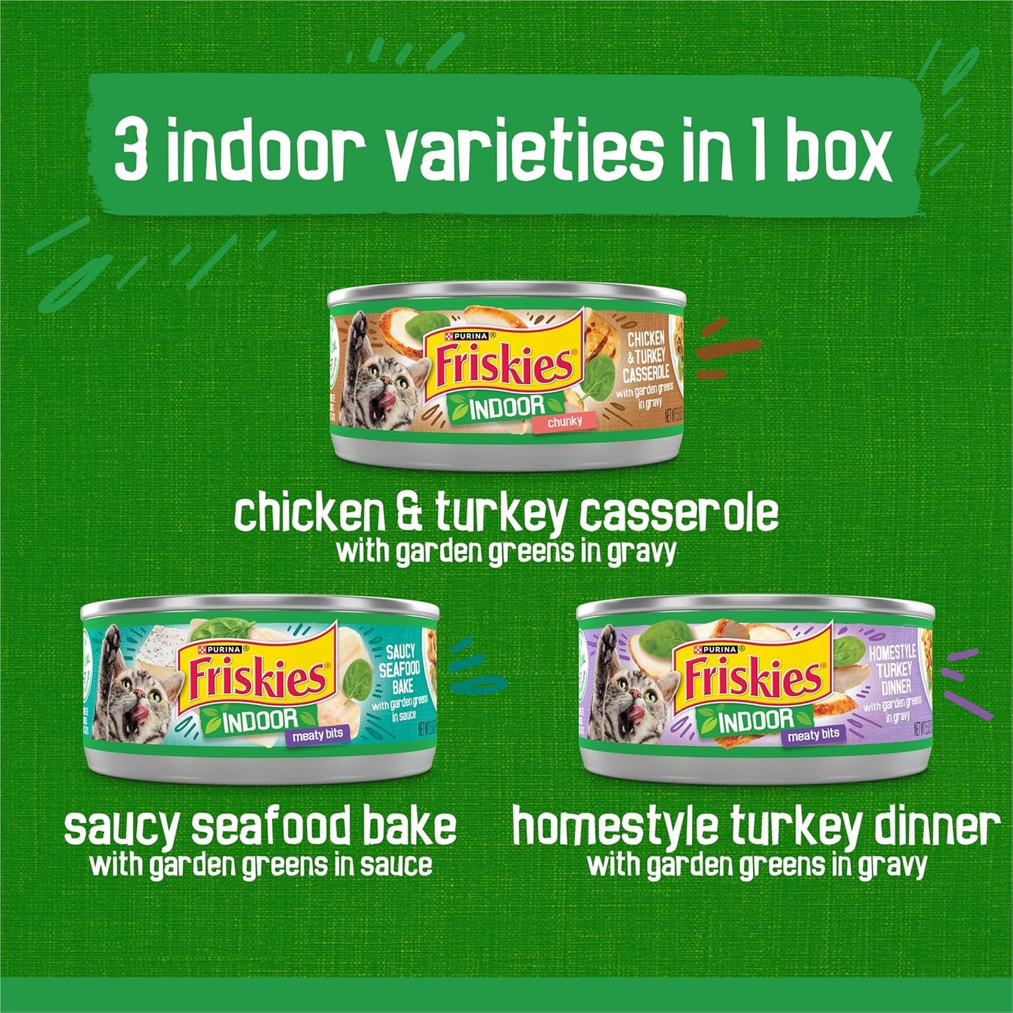 Purina  Indoor Cat Food 24Ct VP - (Chicken and Turkey Casserole, Saucy Seafood Bake, Homestyle Turkey Dinner) - (Pack of 24) 5.5 Oz. Cans
