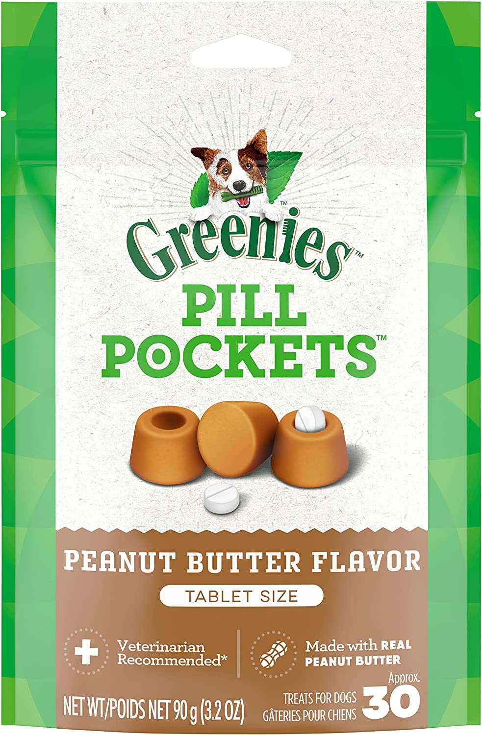 Pill Pockets for Dogs Small Size, Soft Dog Treats, with Real Peanut Butter, 3.2 Oz. Pouch (30 Treats)