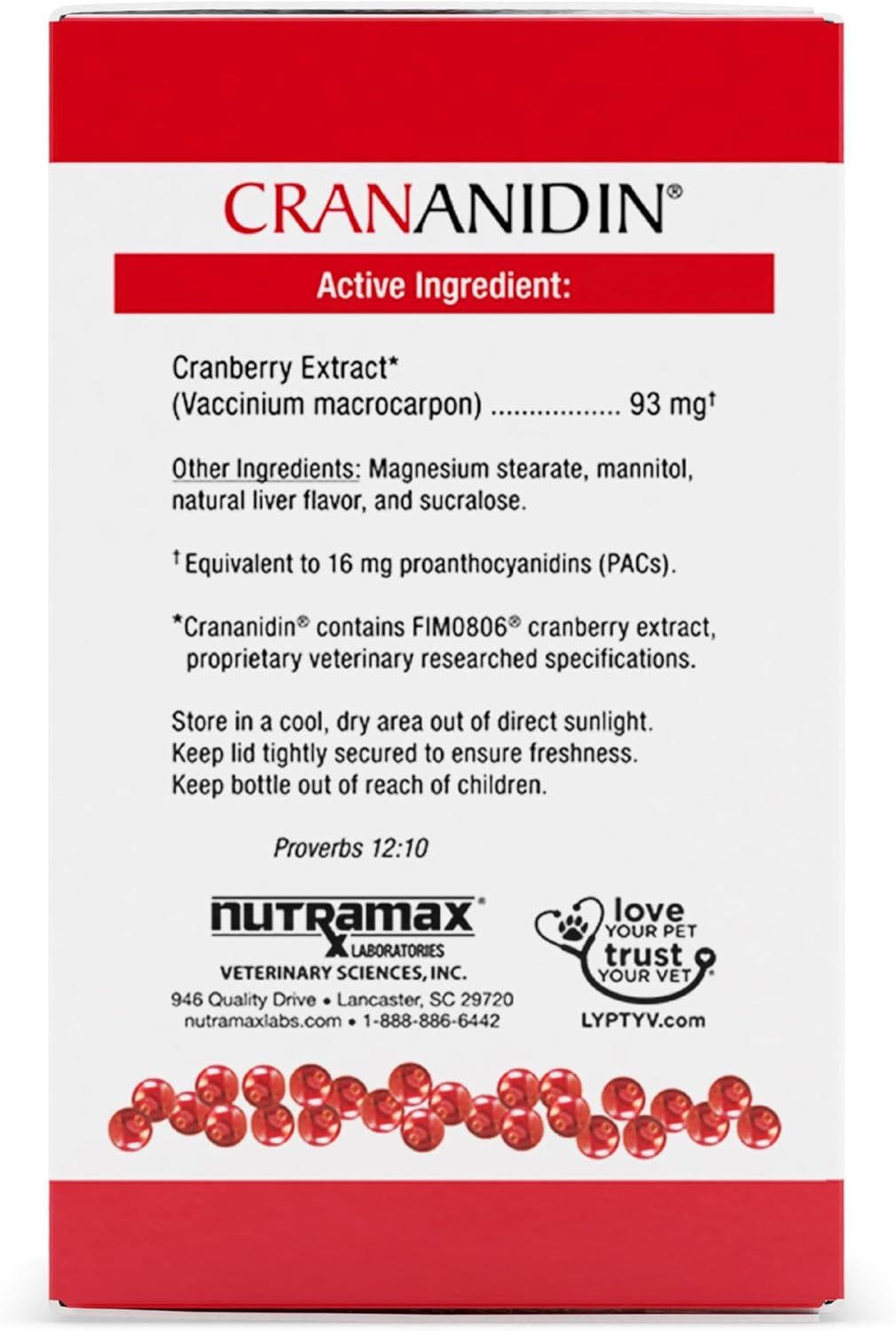 Crananidin Cranberry Extract Urinary Tract Health Supplement for Dogs, 75 Chewable Tablets