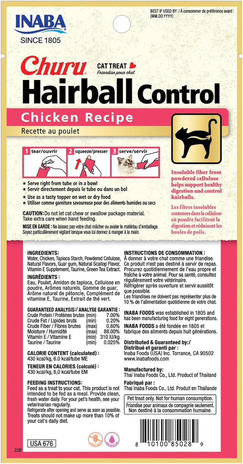 Churu Hairball Control, Functional, Creamy Lickable Purée Cat Treat with Taurine & Vitamin E, 0.5 Ounces Each, 24 Tubes (4 per Pack), Chicken Recipe