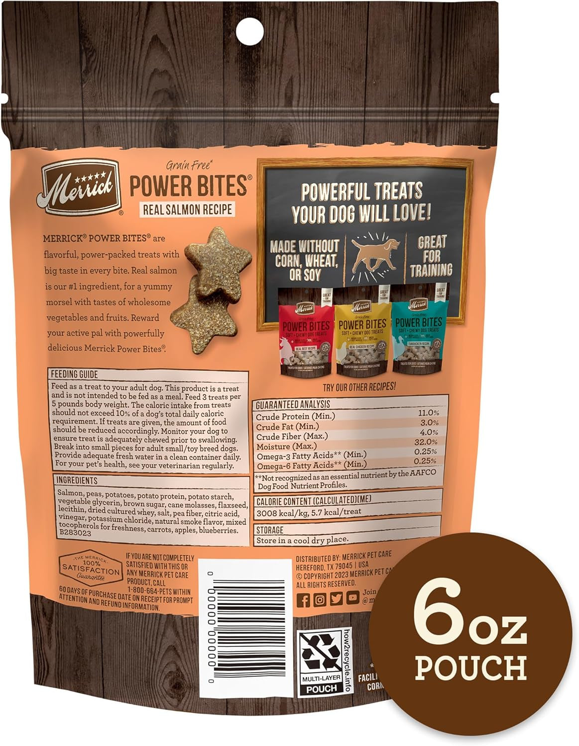 Power Bites Natural Soft and Chewy Real Meat Dog Treats, Grain Free Snack with Real Salmon Recipe - 6 Oz. Bag