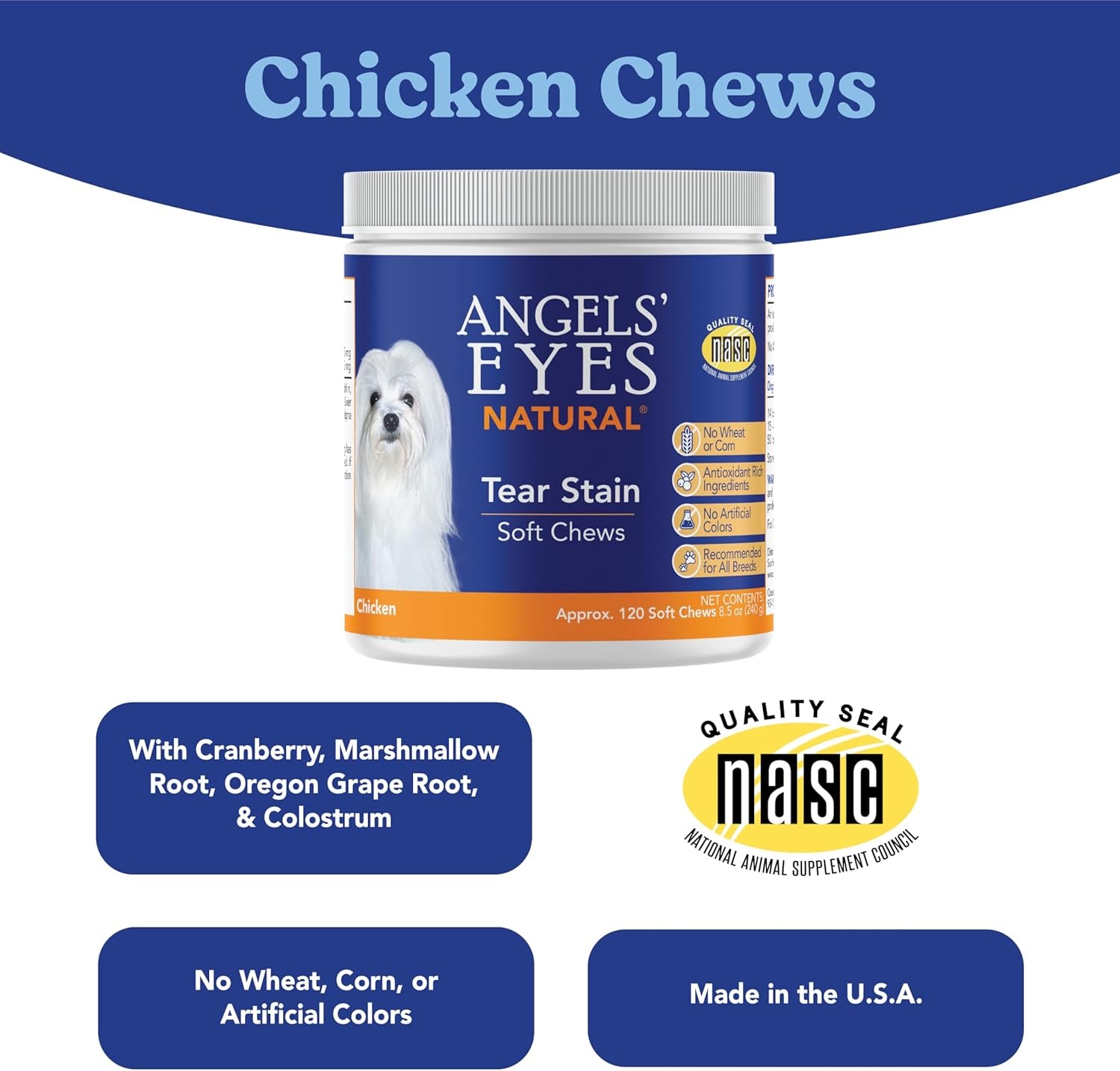 Natural Tear Stain Prevention Soft Chews for Dogs | Chicken Flavor| for All Breeds | No Wheat No Corn | Daily Supplement | Proprietary Formula